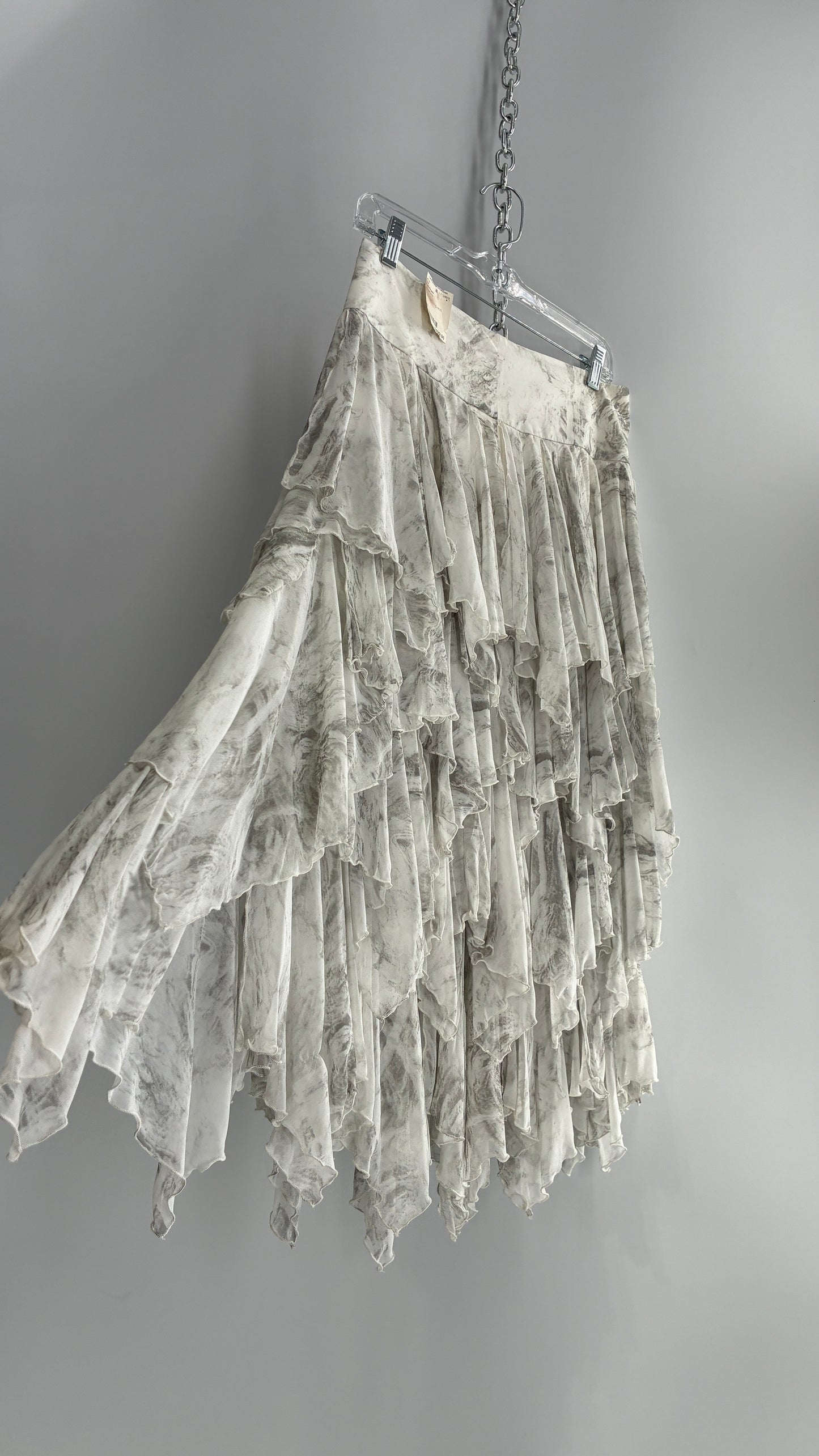 Free People Layered, Tiered Voluminous White and Grey Watercolor Full Skirt with Tags Attached (4)
