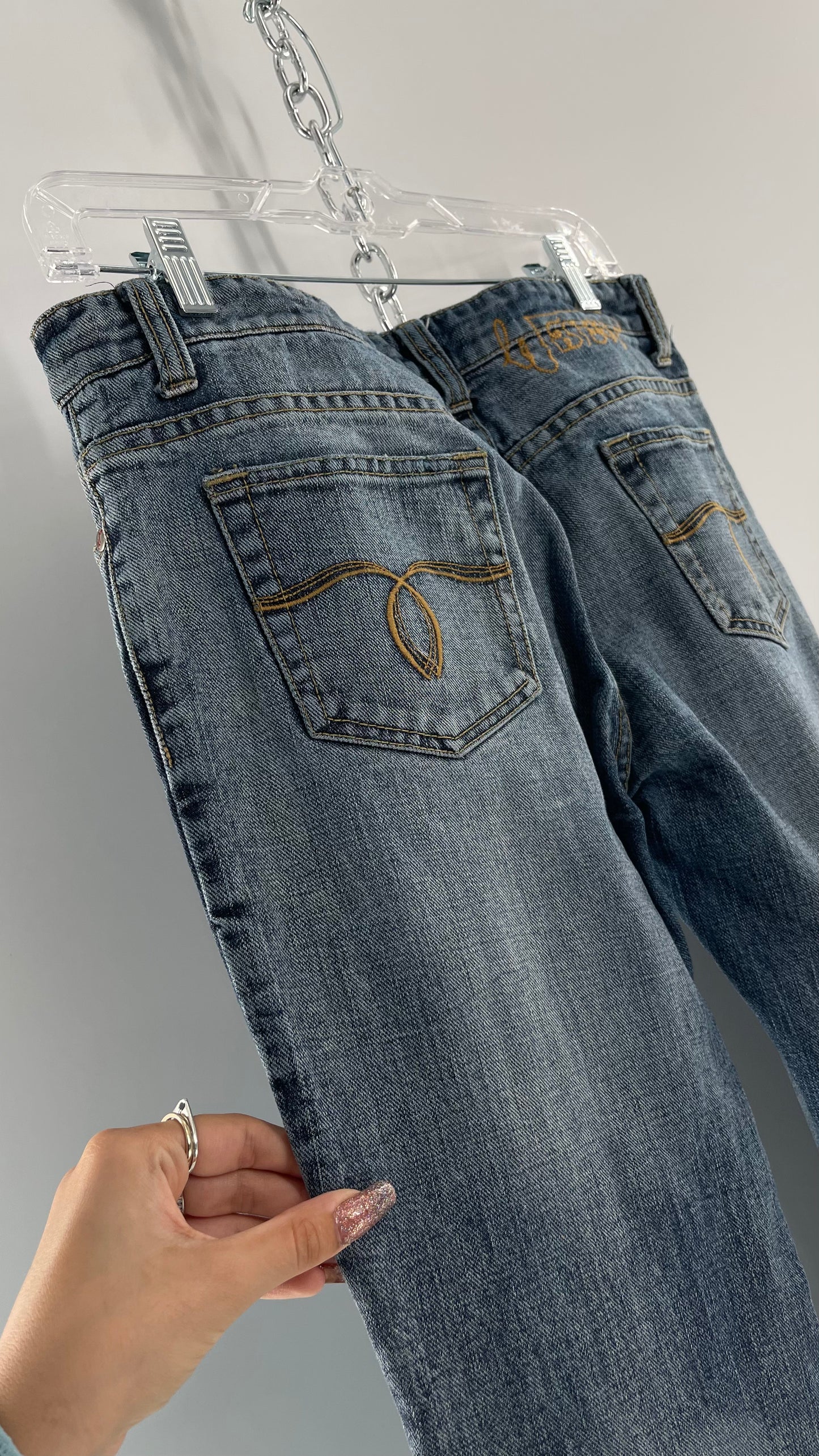 Western Denim Bank Light Wash Straight Legs with Gold/Bronze Metal Studs and Jewels (29)