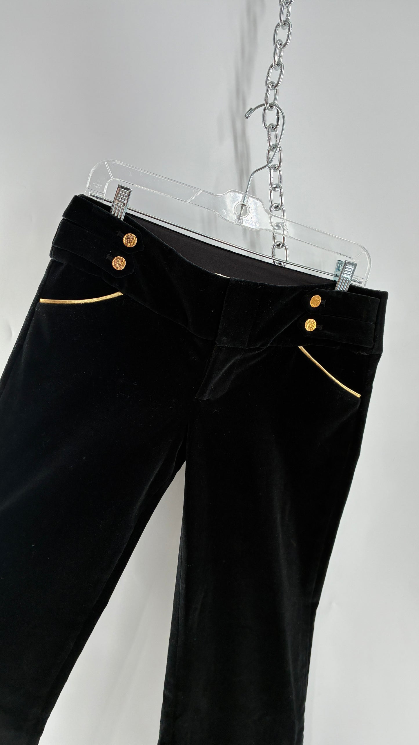 Vintage Alice + Olivia Thick Black Velour Low Rise Kickflare Pants with Thick Waistband with Gold Coin Detailing (6)