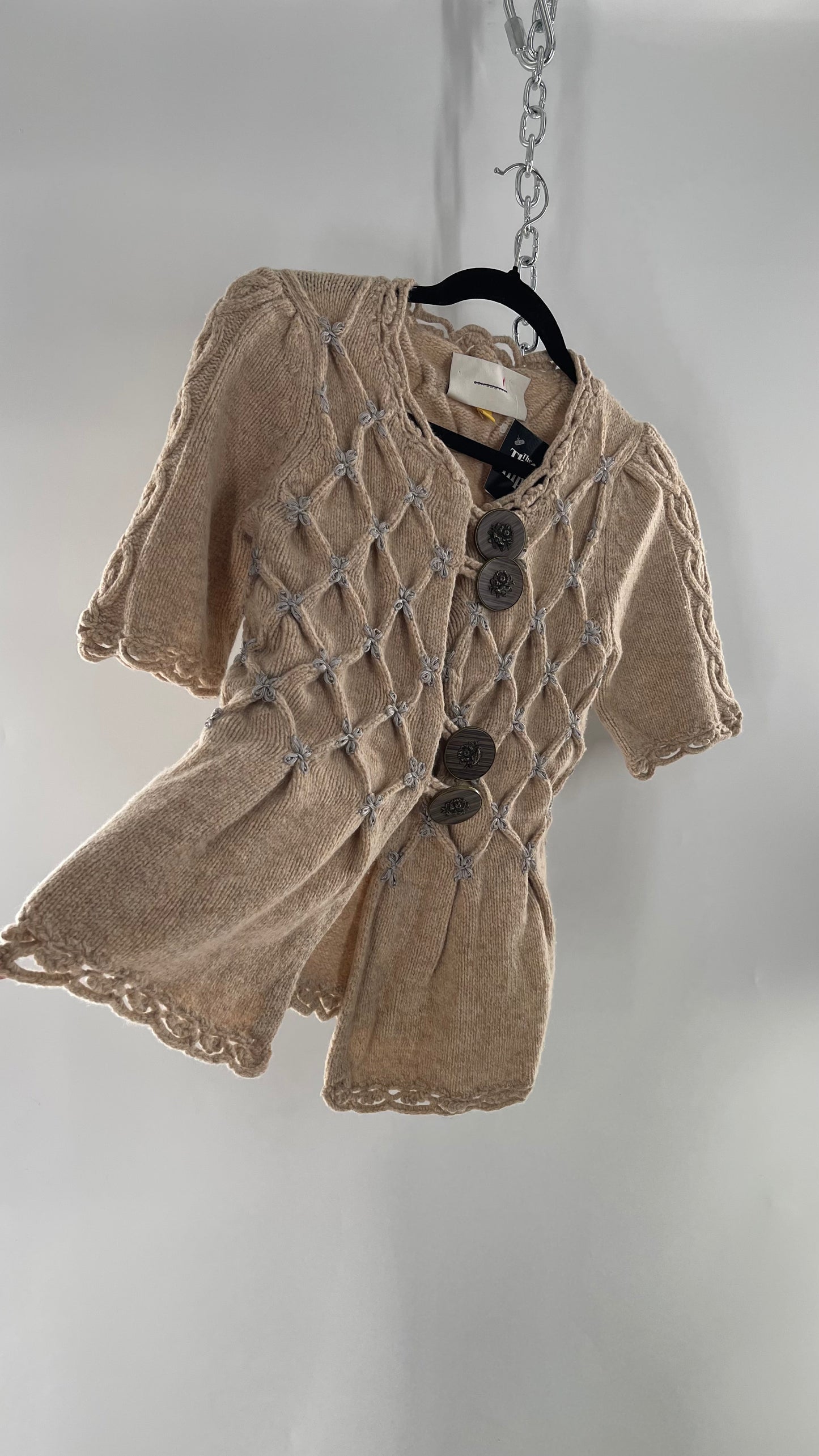 Anthropologie Leifsdottir Knit Argyle Embroidered Sweater with Oversized Statement Buttons (XS)
