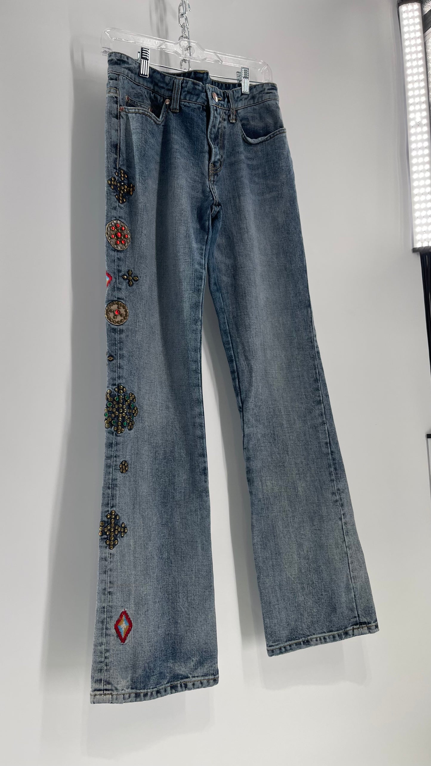 Western Denim Bank Light Wash Straight Legs with Gold/Bronze Metal Studs and Jewels (29)