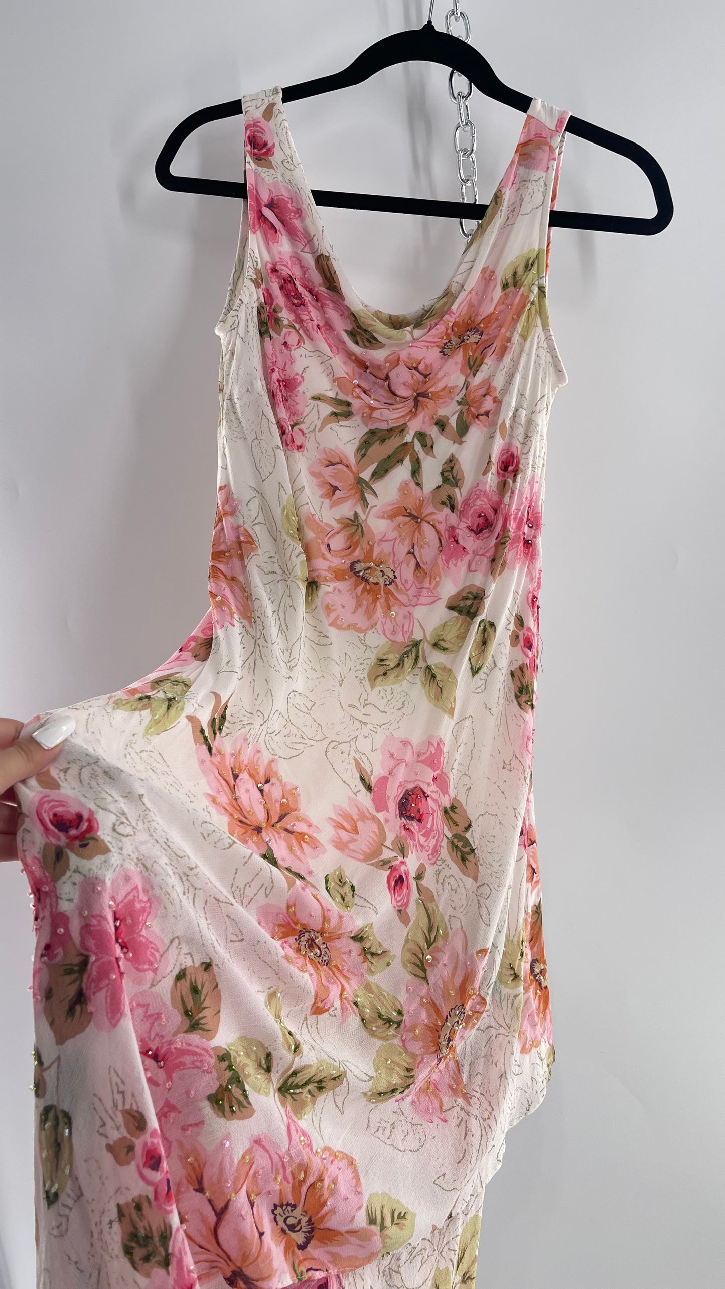 Vintage Eva Blue Pink Floral Draped Neck Sleeveless MIDI with Beading (10)