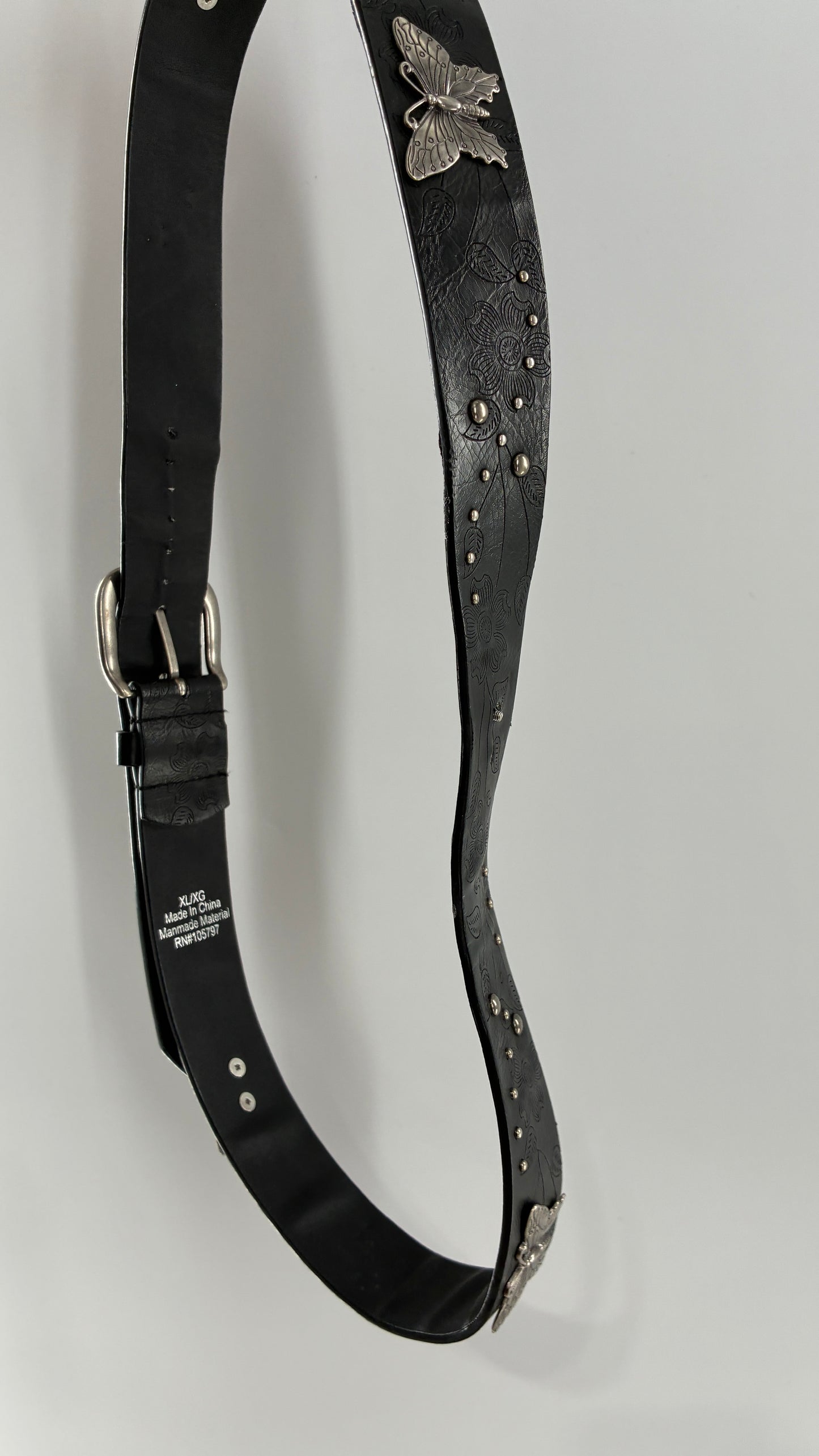 Vintage Distressed Black Embossed Belt with Silver Metal Butterfly Medallions (XL)