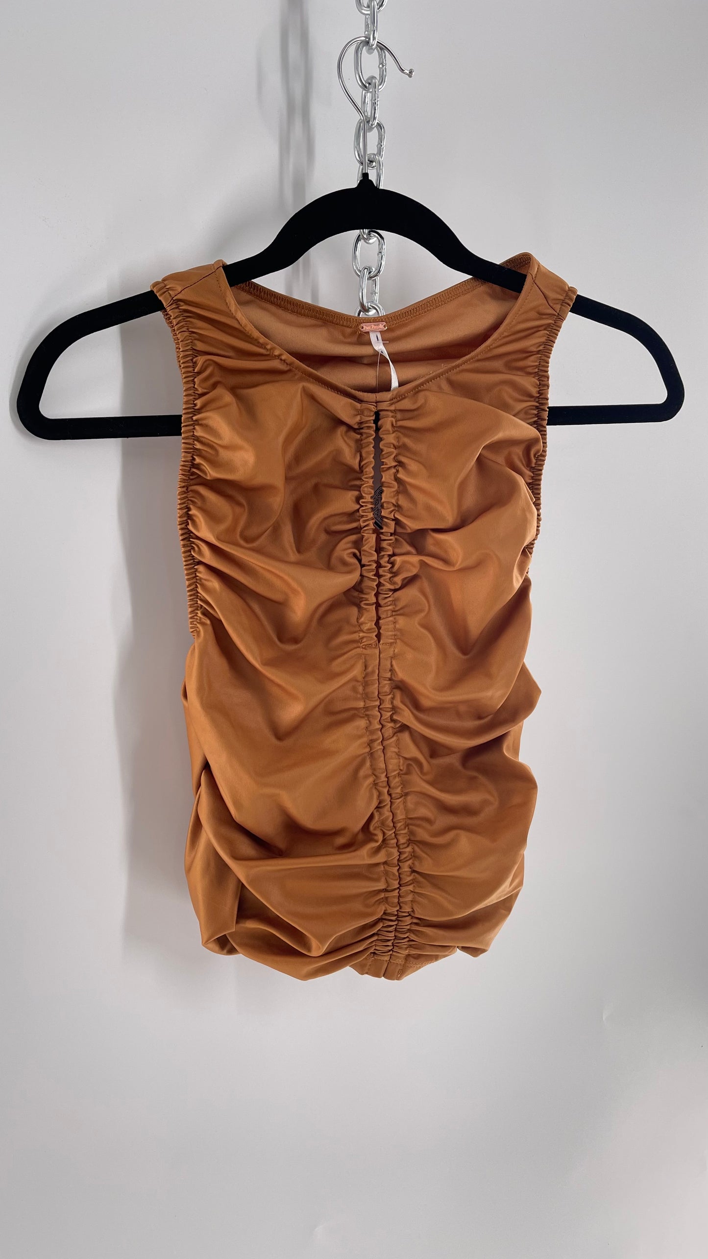 Free People Faux Leather Cognac Ruched High Neck Tank with Bust Cut Out (S)
