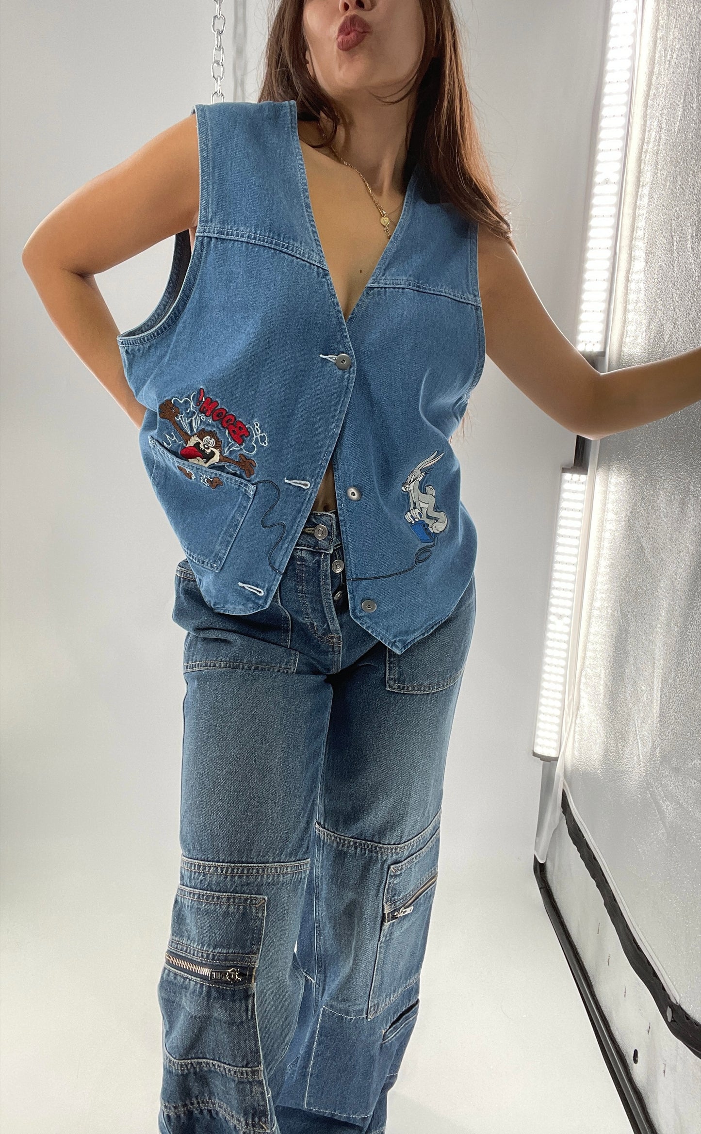 Vintage Looney Tunes Denim Vest with Embroidered Characters (Large)