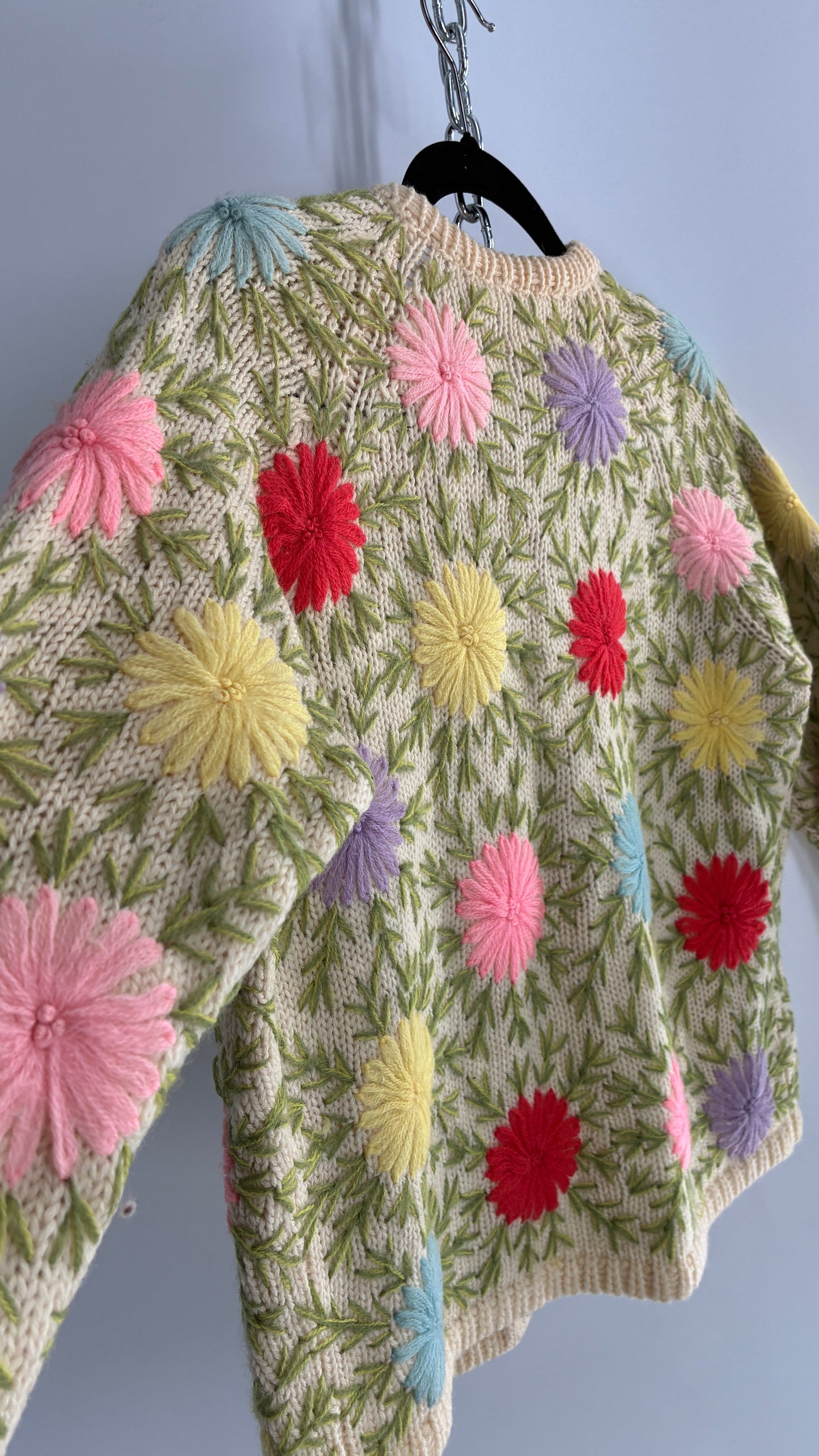 Vintage Hand Knit Beige Cardigan with Colorful Flowers (Small)