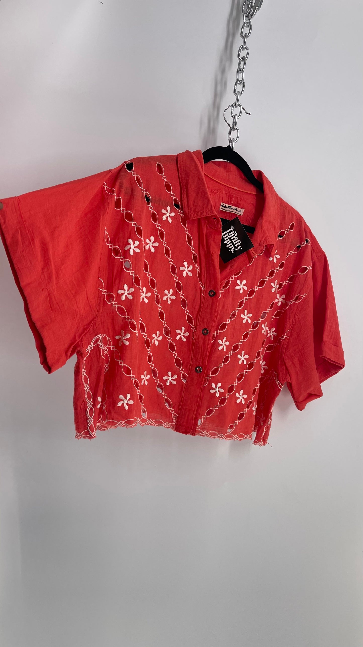 Free People Coral Top with White Eyelet Lace Embroidery (XS)