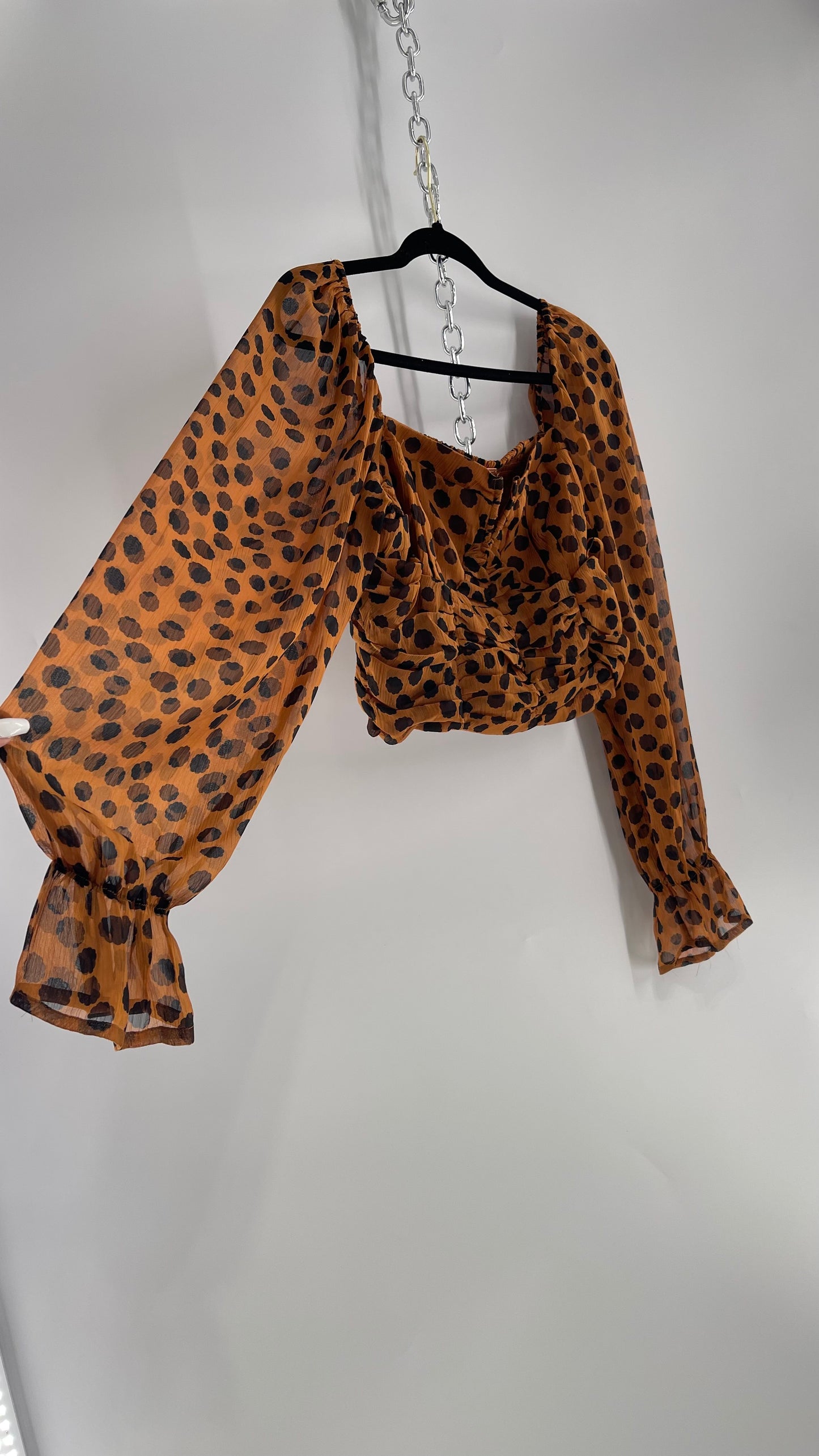 Free People Brown Black Animal Print Blouse with Ruched Bodice and Tags Attached (Large)