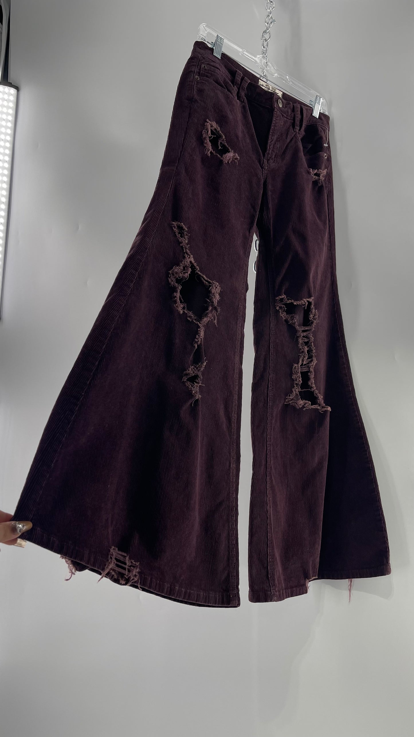 Free People Plum Corduroy Distressed Flare Bell Bottoms (27)