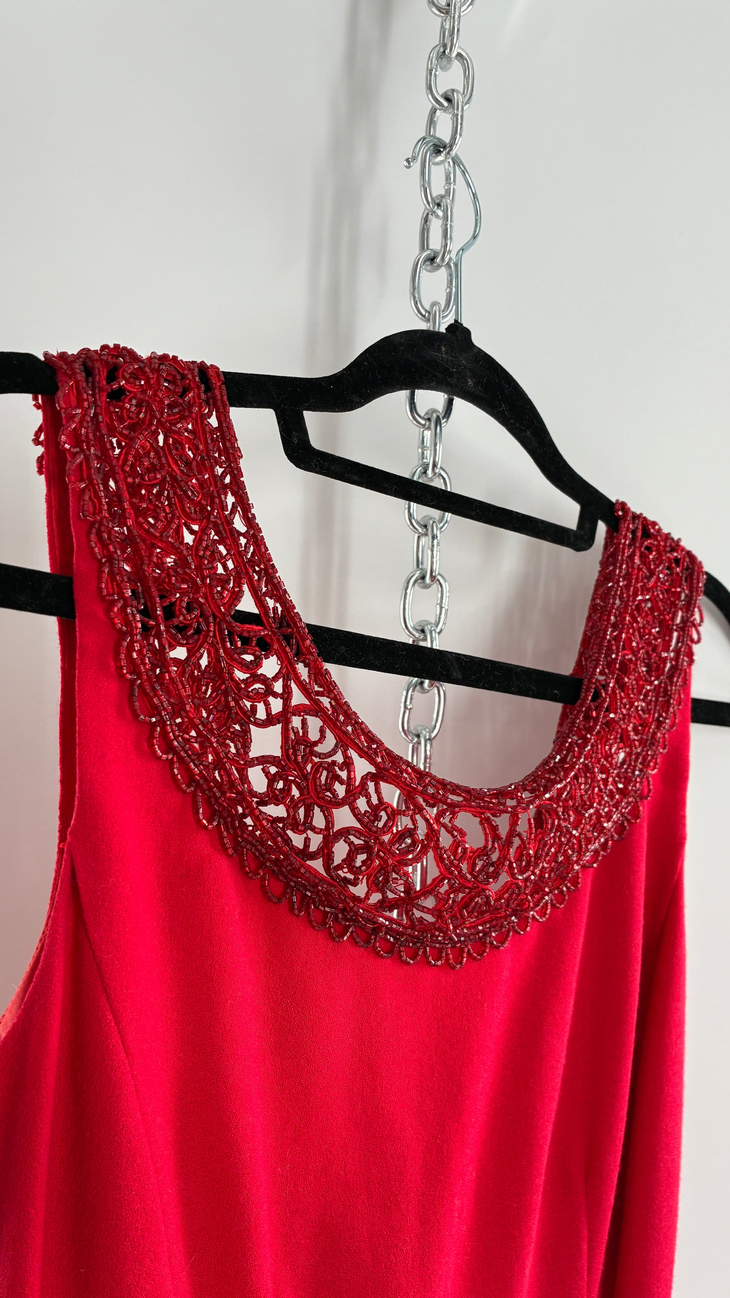 Vintage CARMEN MARC VALVO Red 100% Fitted, Tailored Wool Dress with Beaded Hem and Neckline (6)