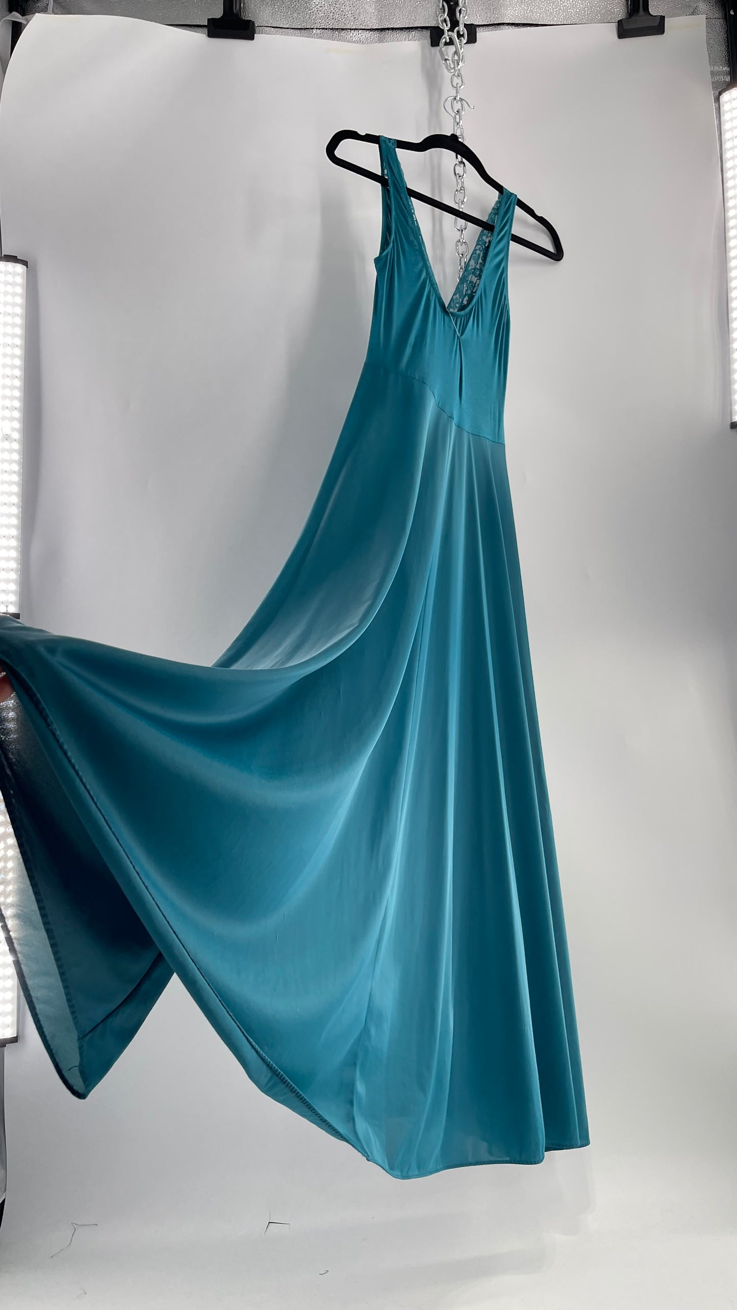 Vintage Olga Intimates Floor Length Voluminous Blue Jewel Toned Maxi Dress/Night Gown with Lace Bust (Small)