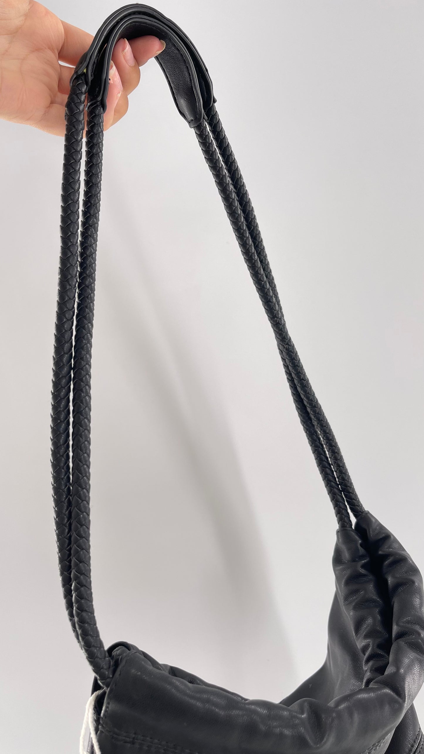 Urban Outfitters Black Adjustable Bucket Tank Vegan Leather Bag with Braided Handles