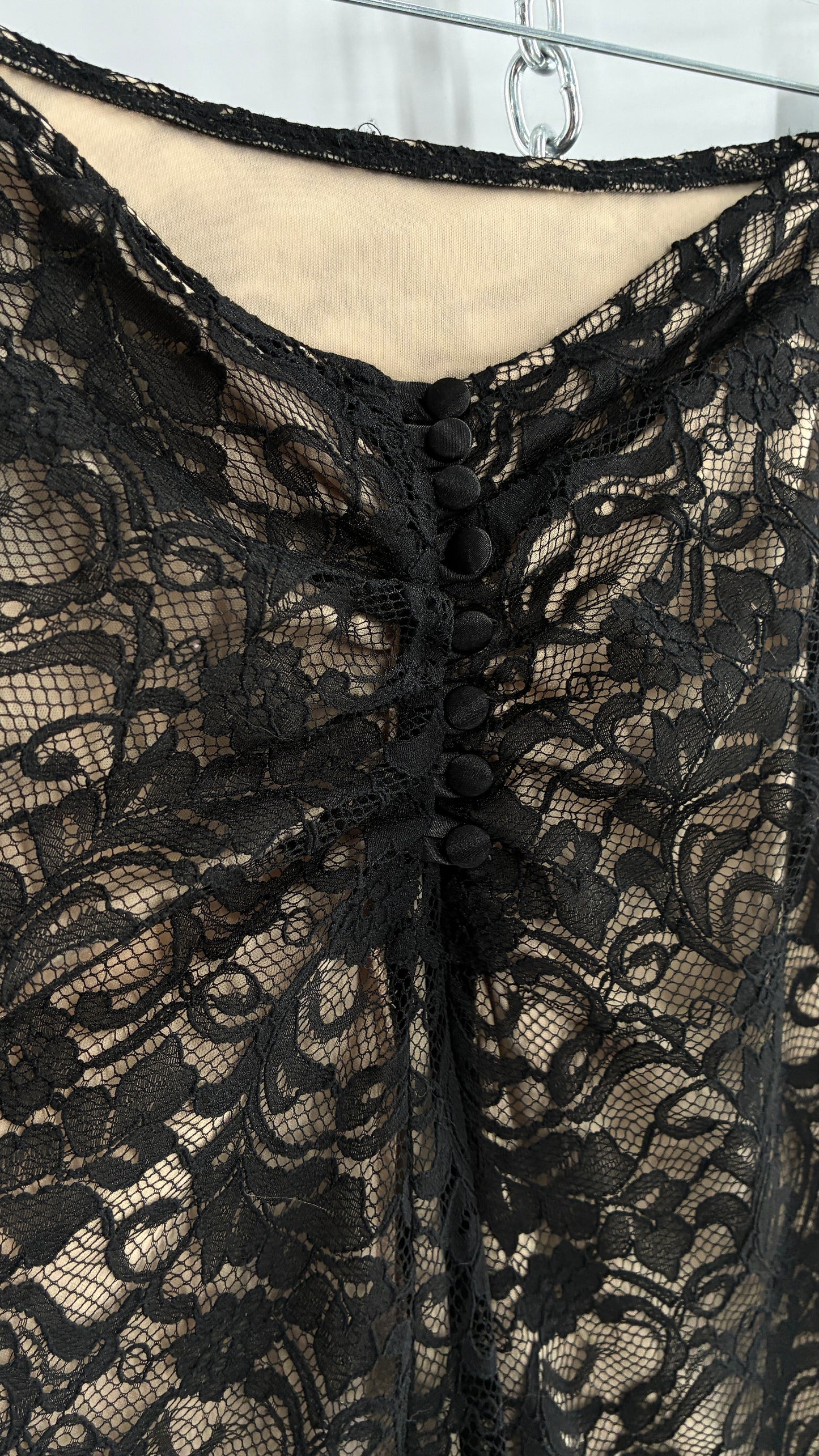 Vintage HEART MOON STARS Black Lace Overlay + Nude Underlay Skirt with Low Wired Back, Ruched Bum, and Button Down Back(8)