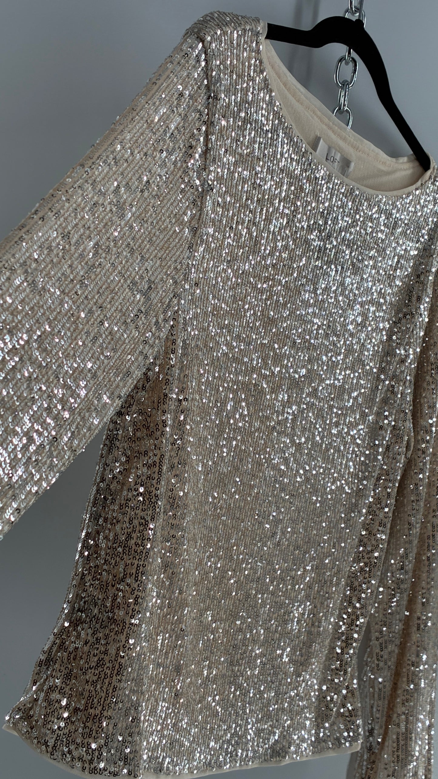 LOFT LOFT Champagne Sequin Long Sleeve Blouse with Tags Attached (XL)