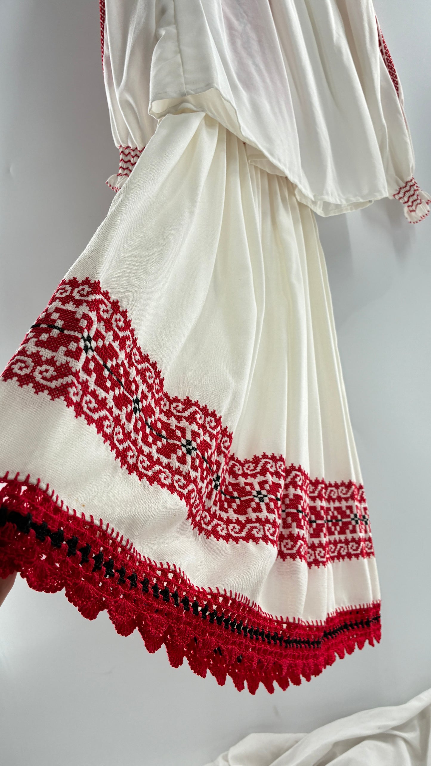Vintage 1970s LUX FOLKLOR Budapest Handmade Cotton Long Sleeve and Skirt Covered in Red Embroidery and Stitching