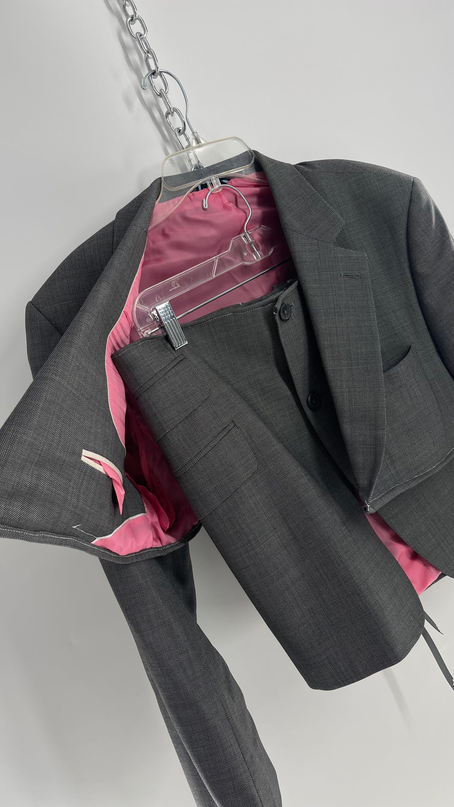 Custom Handmade Gray 2Piece Suit Set with Pink Satin Lining, Cropped Blazer, and Corseted Skirt (S-L)