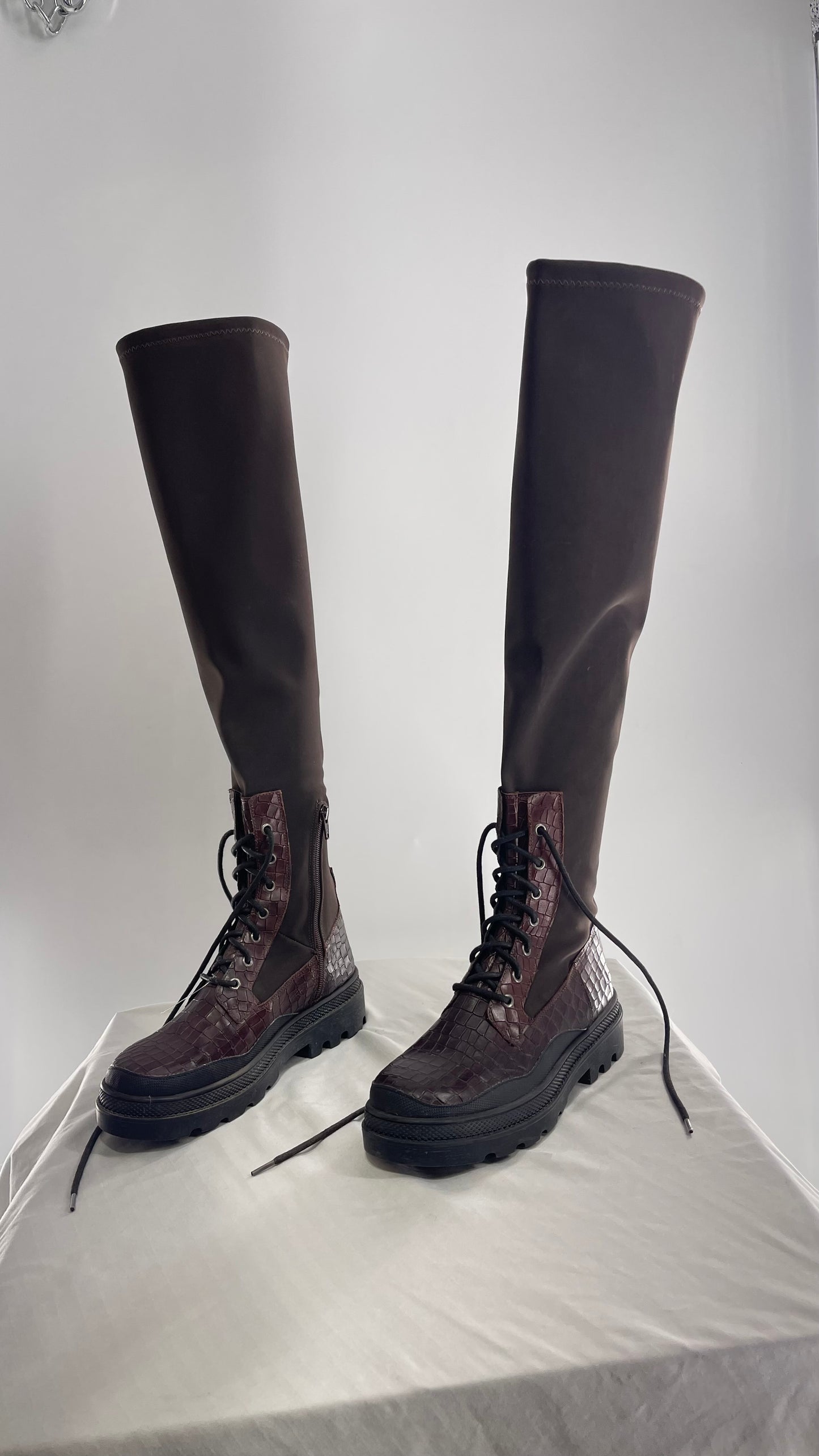 Free People Dark Brown Riding Style Embossed Knee High Platform Boots (39)