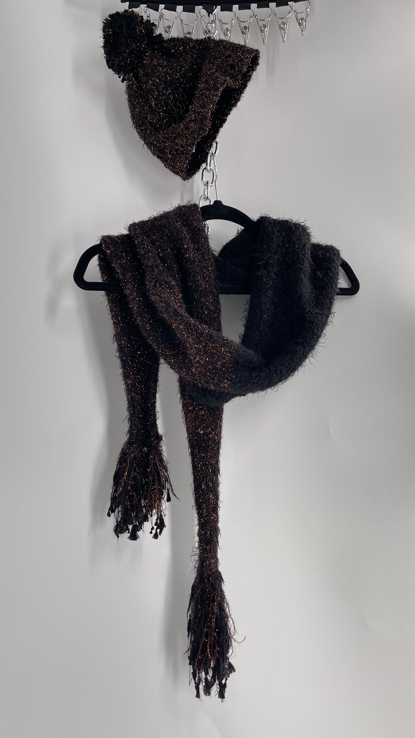 Anthropologie Bronze Tinsel Black Knit Beanie and Skinny Pom Scarf 2pc Set with Tags Attached