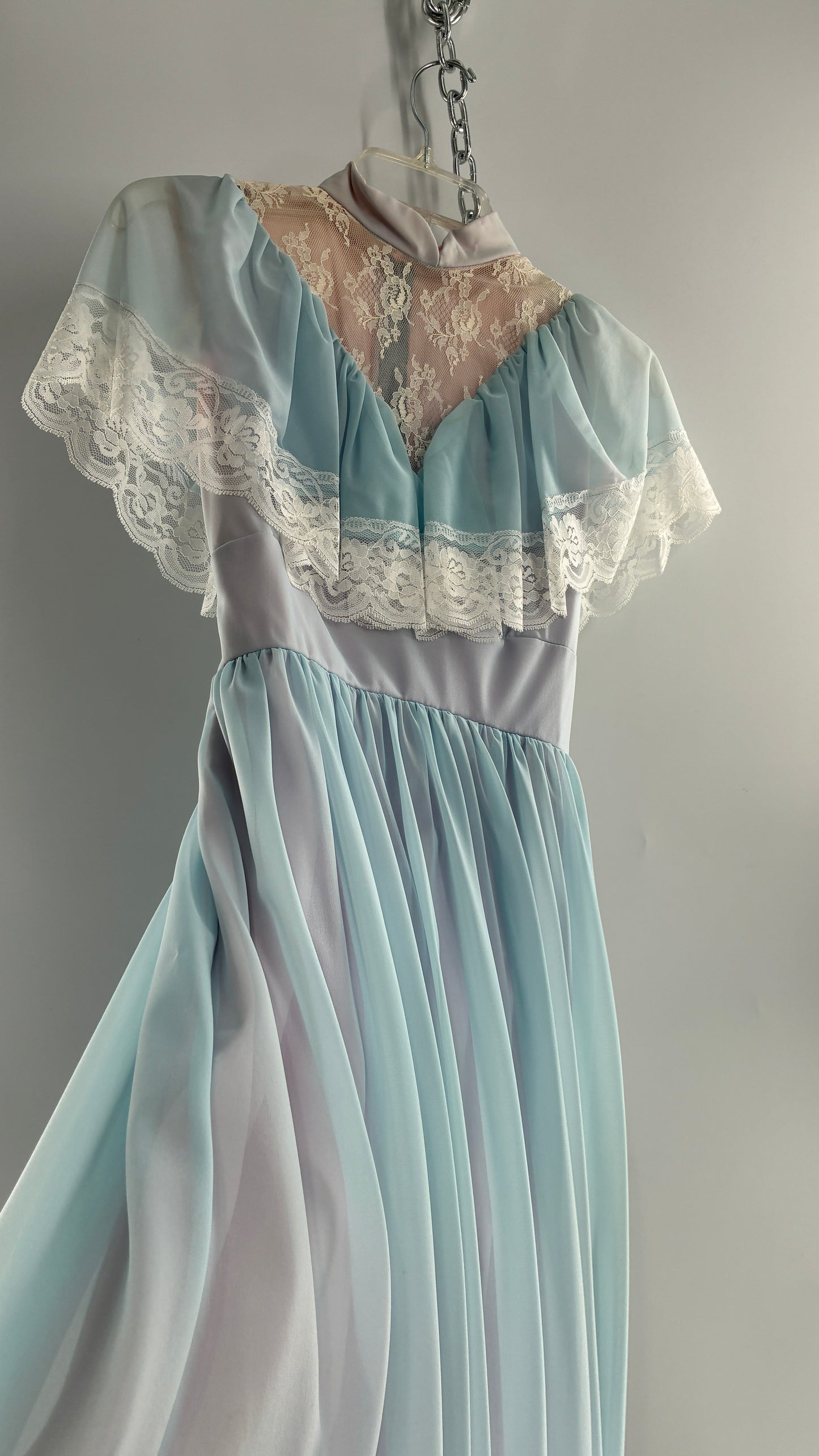 Vintage Handmade 1960s Powder Blue Overlay, Lilac Underlay Gown, Prairie Wedding Dress