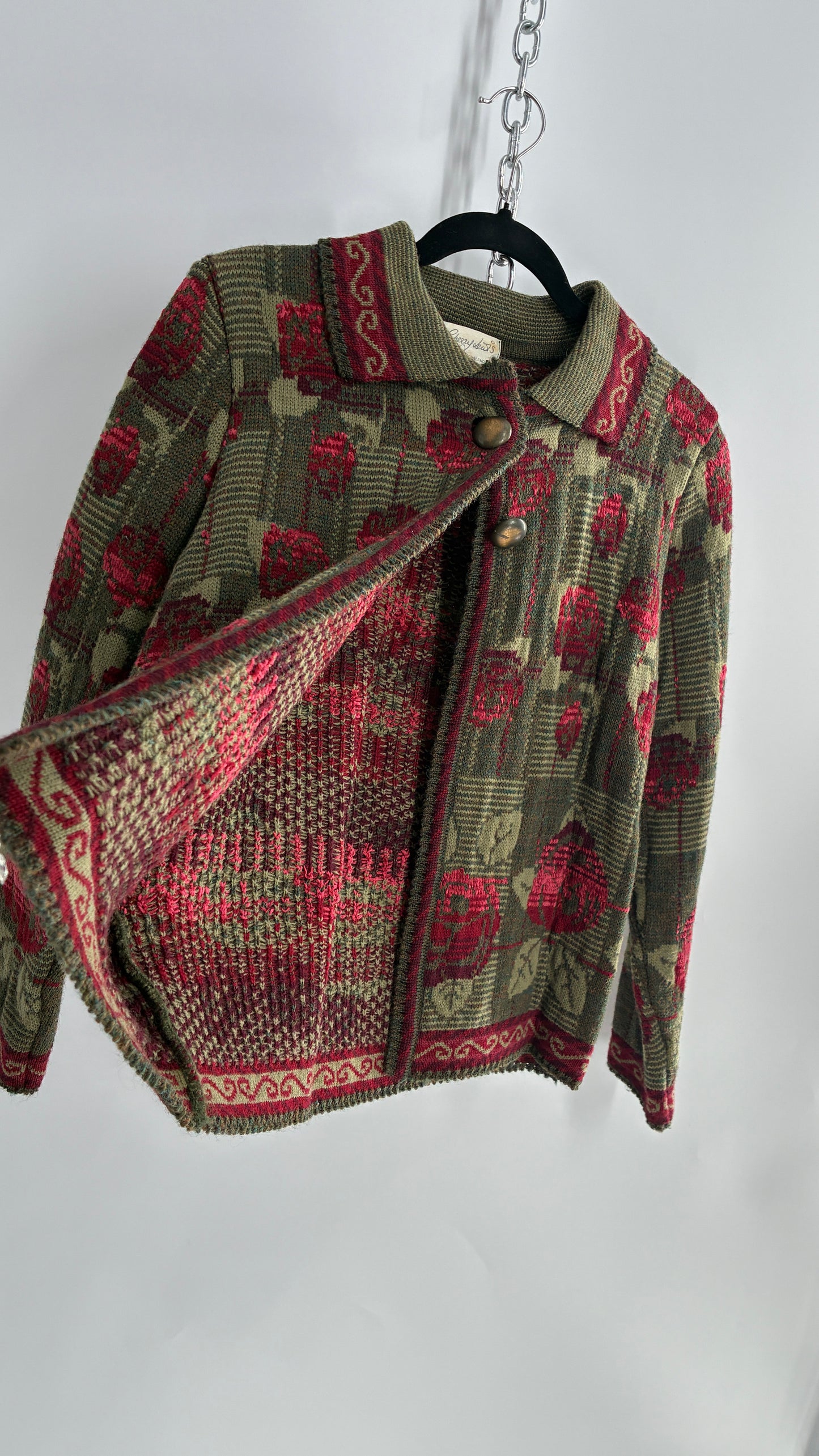 Vintage Cherry Lewis Made in England 81% Wool Thick Knit Sweater Jacket with Rosettes (Small)