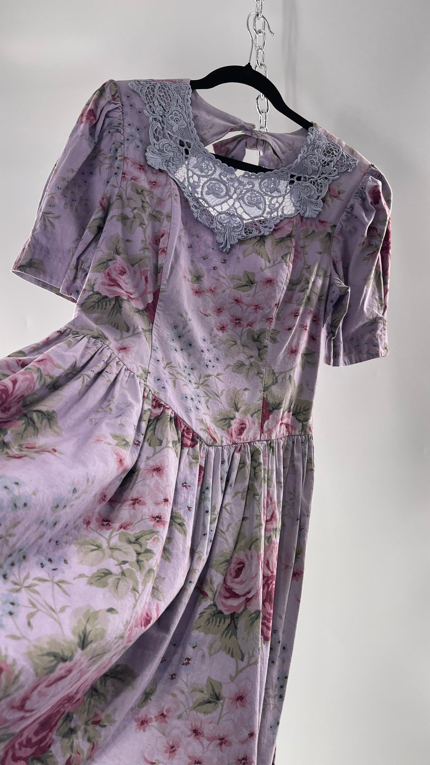 Vintage Urban Renewal Reworked and Upcycled Misty Lane Lilac/Lavender Floral Fit/Flare Dress with Sweetheart Neckline, Lace Detail and Bow Adorned Open Back (11/12)
