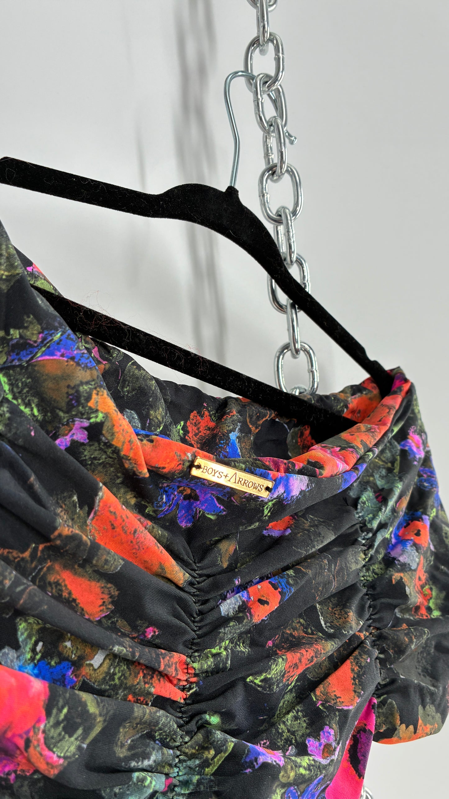 Boys + ARROWS High Contrast Floral High Waisted, Ruched Tanga Swim Bottoms (M)