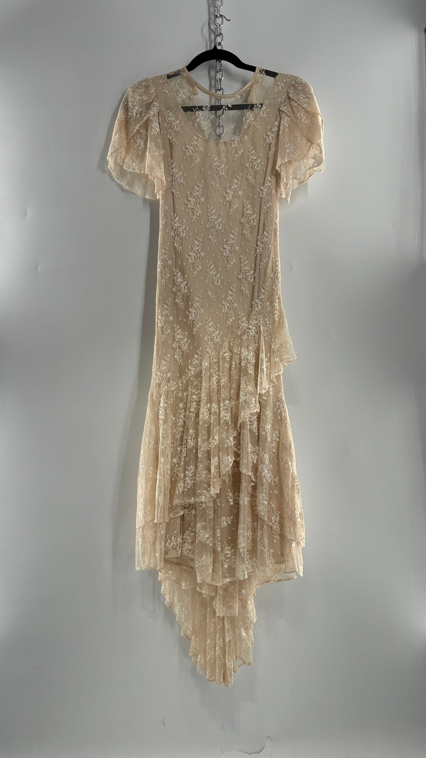 Vintage Ivory Lace Gown with Petal Sleeves, Tiered Hemline (5/6)