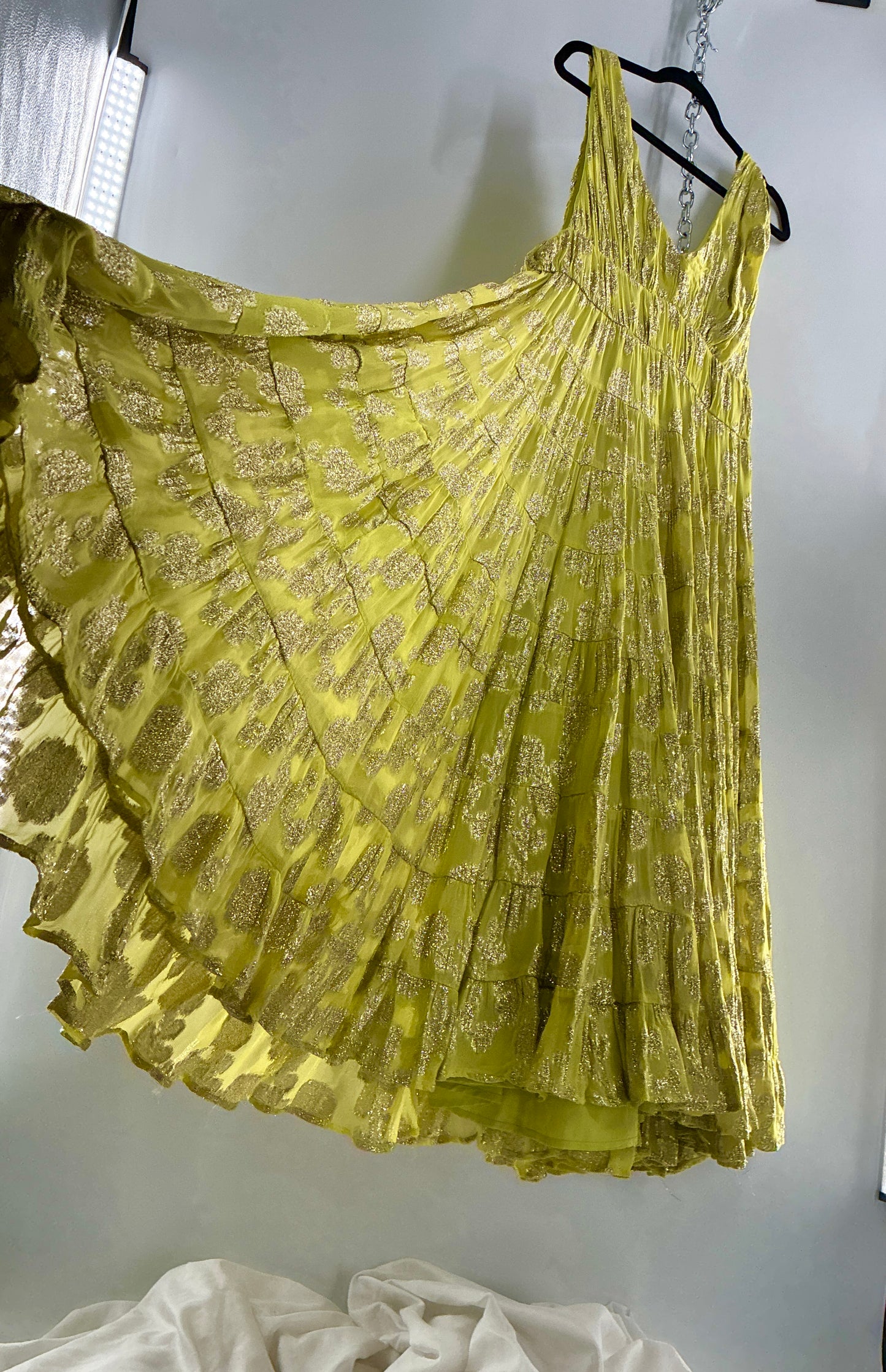 LET ME BE Lime Yellow/Green Ultra Voluminous Tiered Dress with Gold Metallic Jacquard Appliqué Pattern (XL)