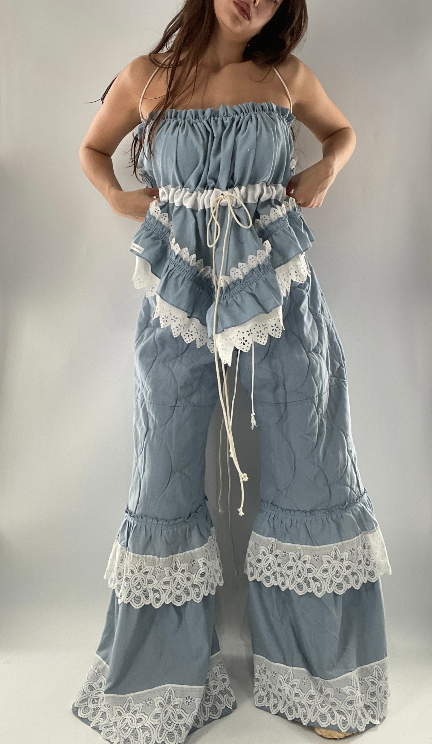 Vintage 2 Piece Powder Blue Set Featuring 2Way Blouse and Quilted Trousers Covered in Ruffles, Lace and Trim (One Size)