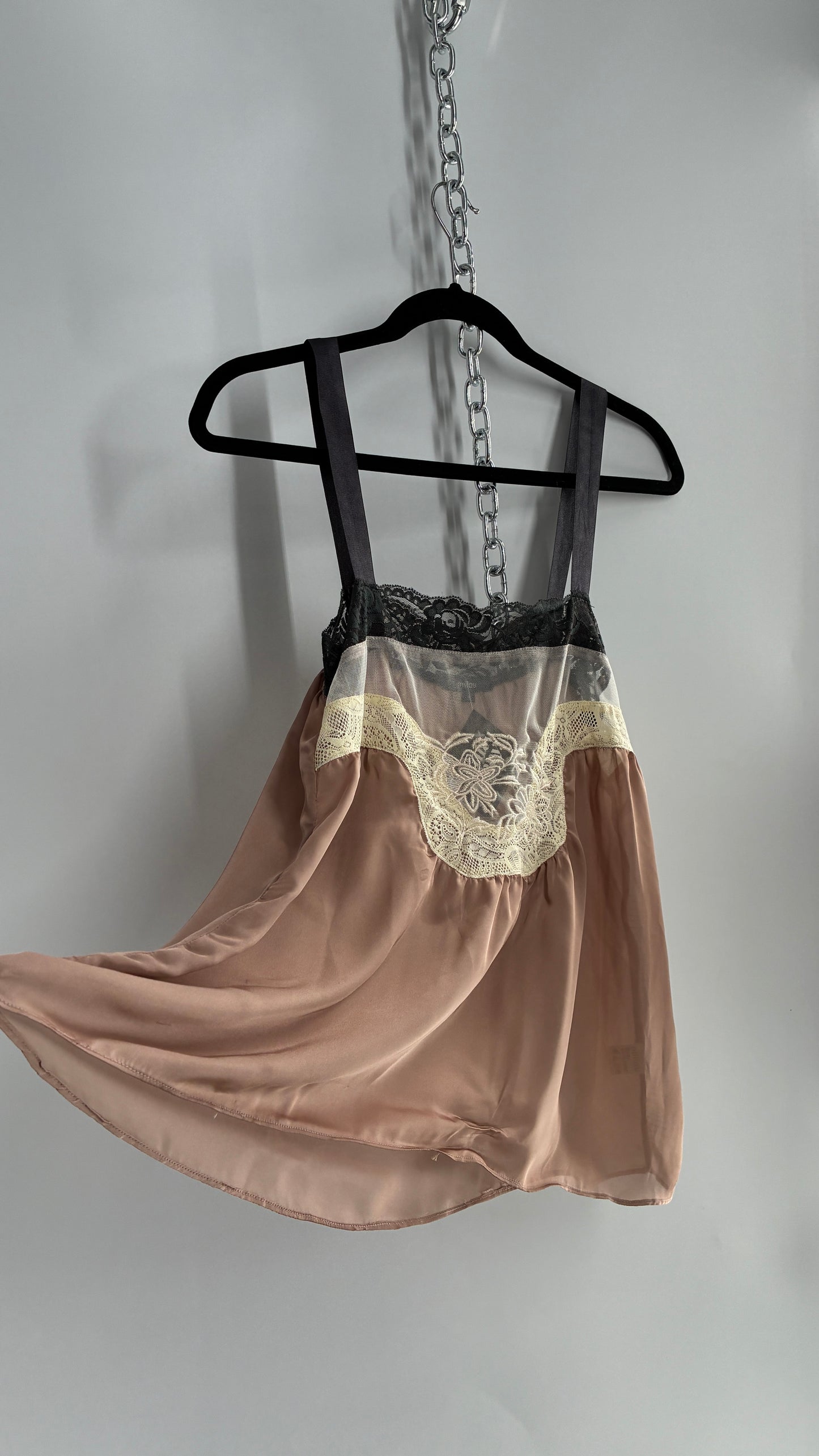 Vintage Milau Silky Camisole Top with Ribbon Straps and Sheer Mesh Paneling (Small)