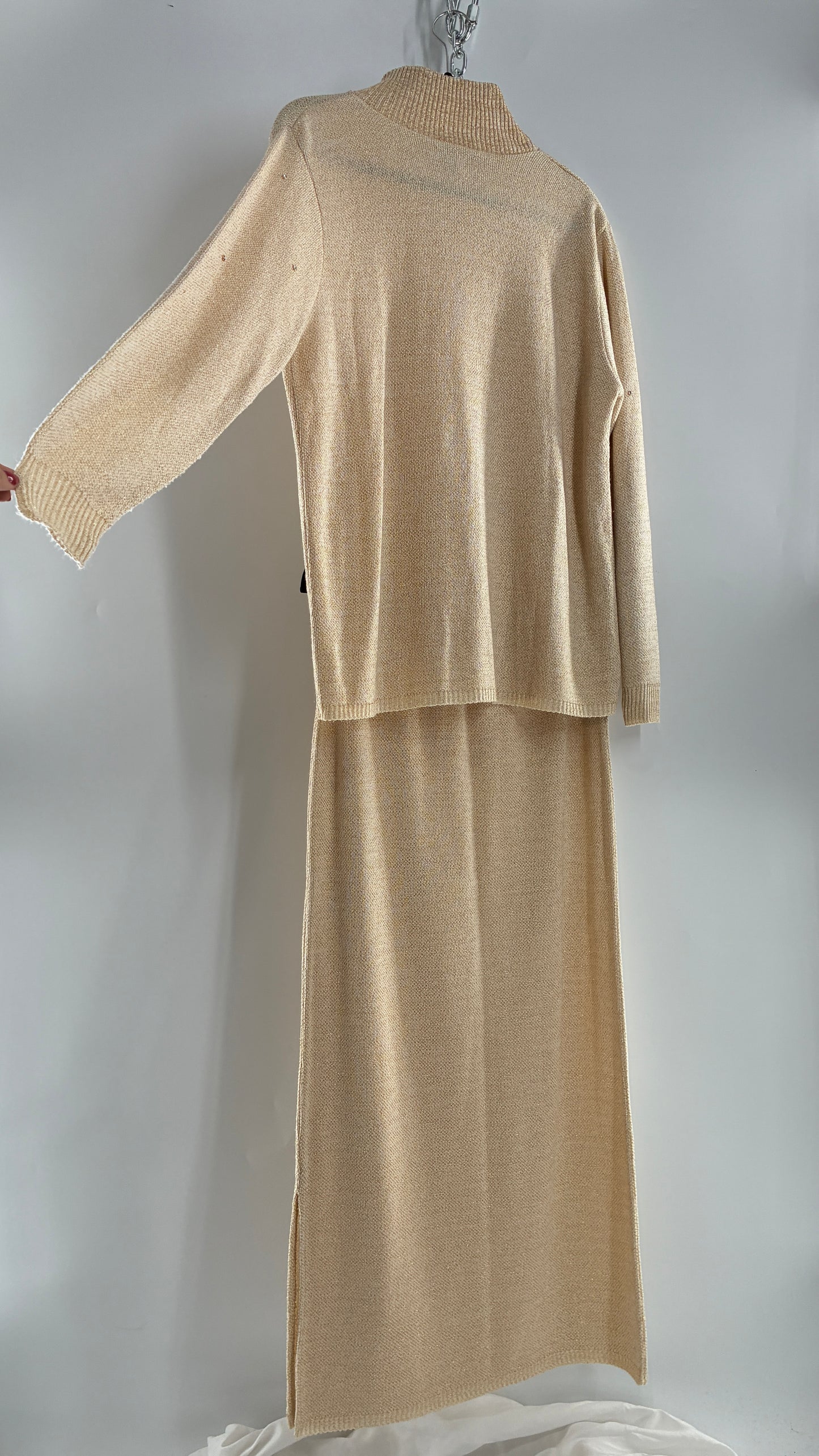 Terry Lewis Classic Luxeries Beige Knit Sweater and Skirt with Gold Tinsel Thread and Rhinestone Collar (Large)