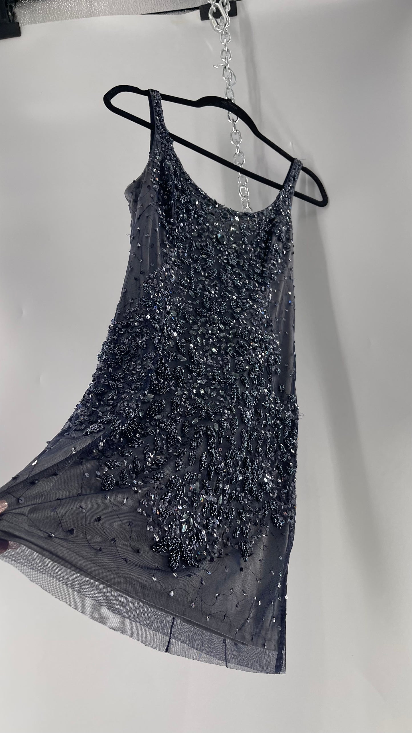 Vintage Cache Moonlight Grey/Navy Blue Tunic Mini Dress with Accentuating Placement of Beads, Sequins and Embroidery Details (2)