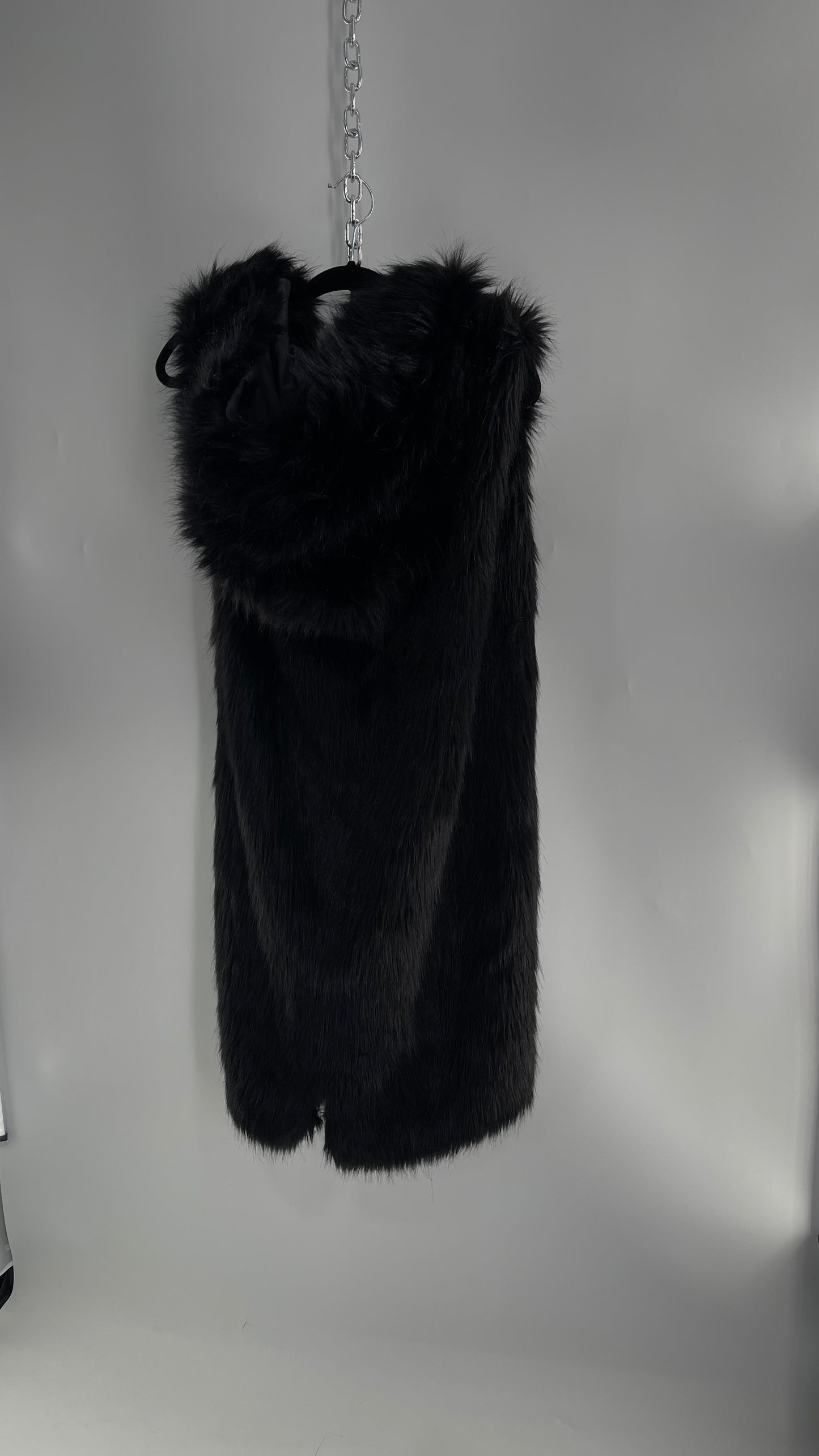 Full Length Black Fuzzy Sleeveless Vest with Oversized Hood (Medium)