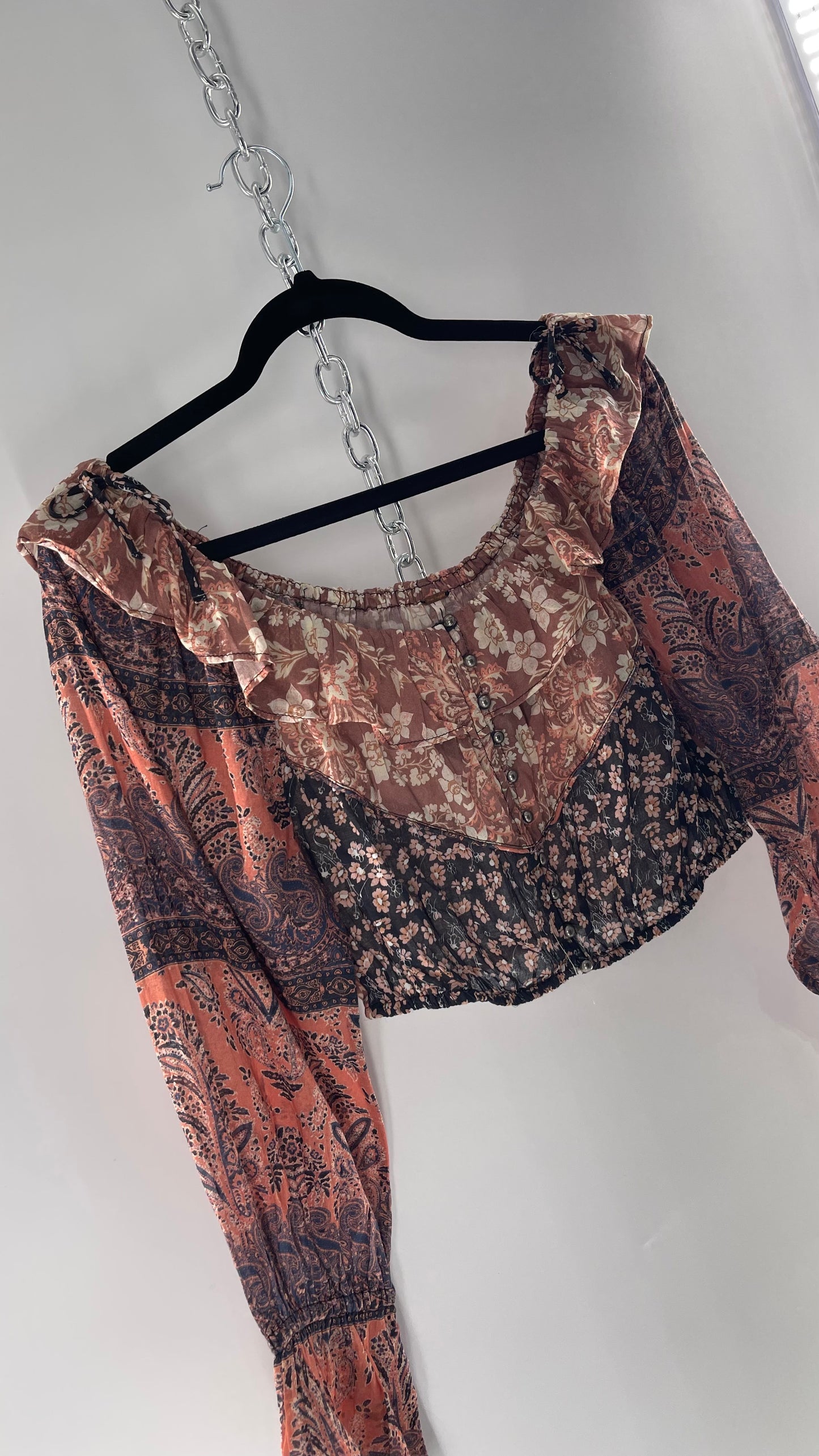 Free People Cotton Pink Blue Mixed Paisley Patterned Cropped Blouse with Bell Sleeves, Button Front and Ruffled Neckline with Bow Tie Detail (XS)