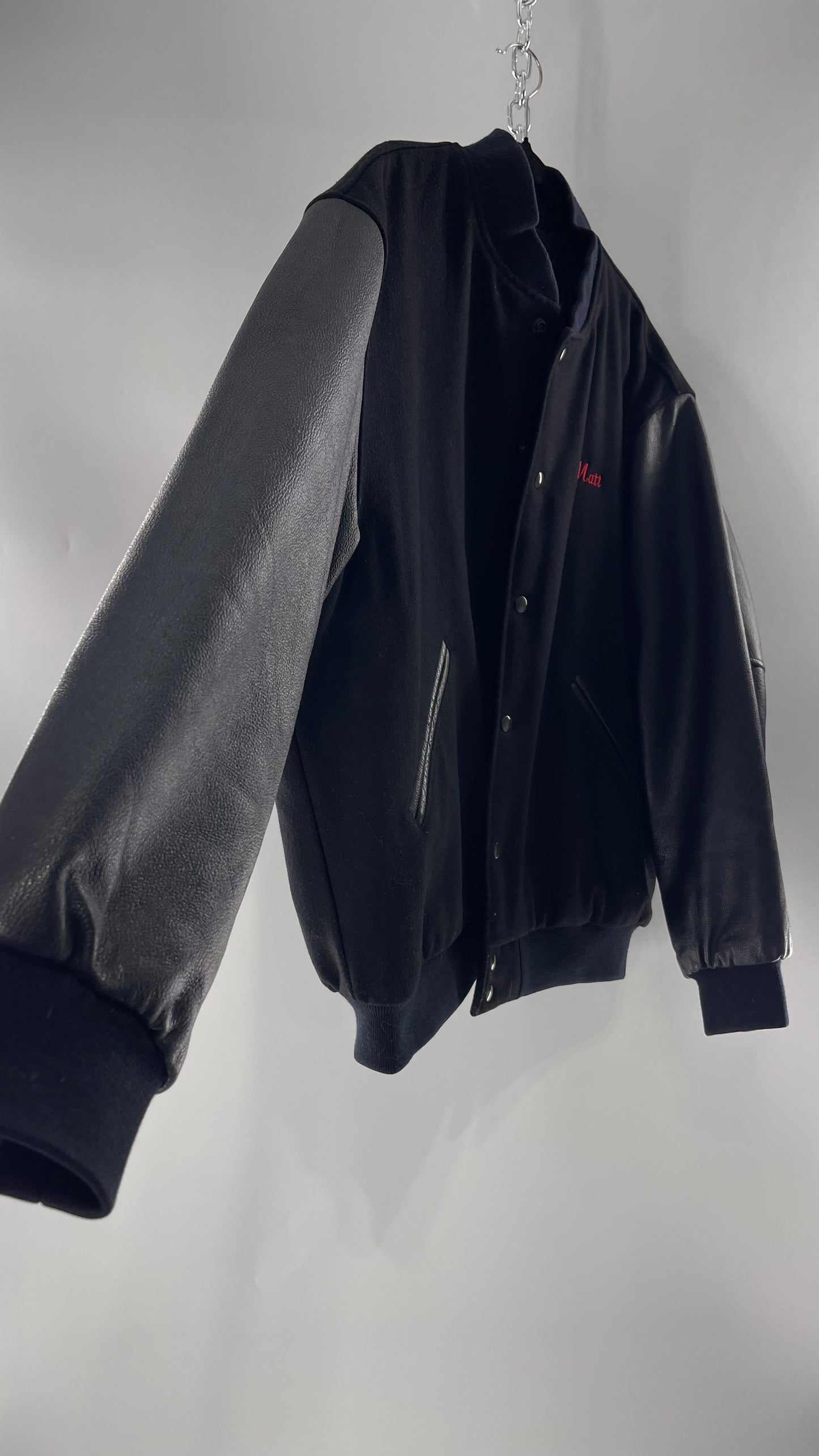 Vintage Somers Football Varsity Jacket with Leather Sleeves “Matt” Embroidery and Red Lettering (XL)