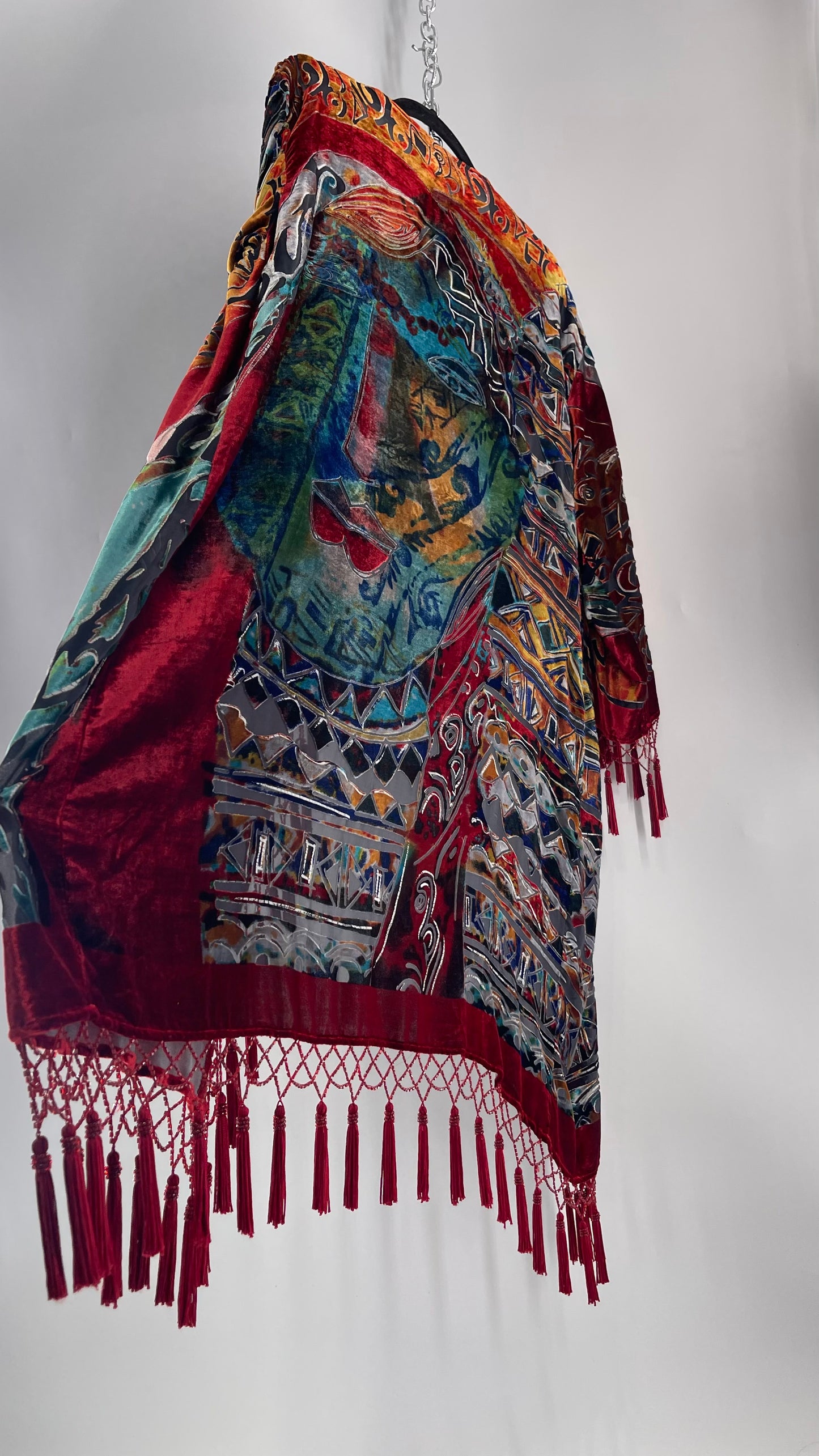 Vintage Burnout Buddhist Motif Velvet/Velour Beaded Fringe Duster Coat/Kimono with Tassel Sleeves and Hems (M/L)