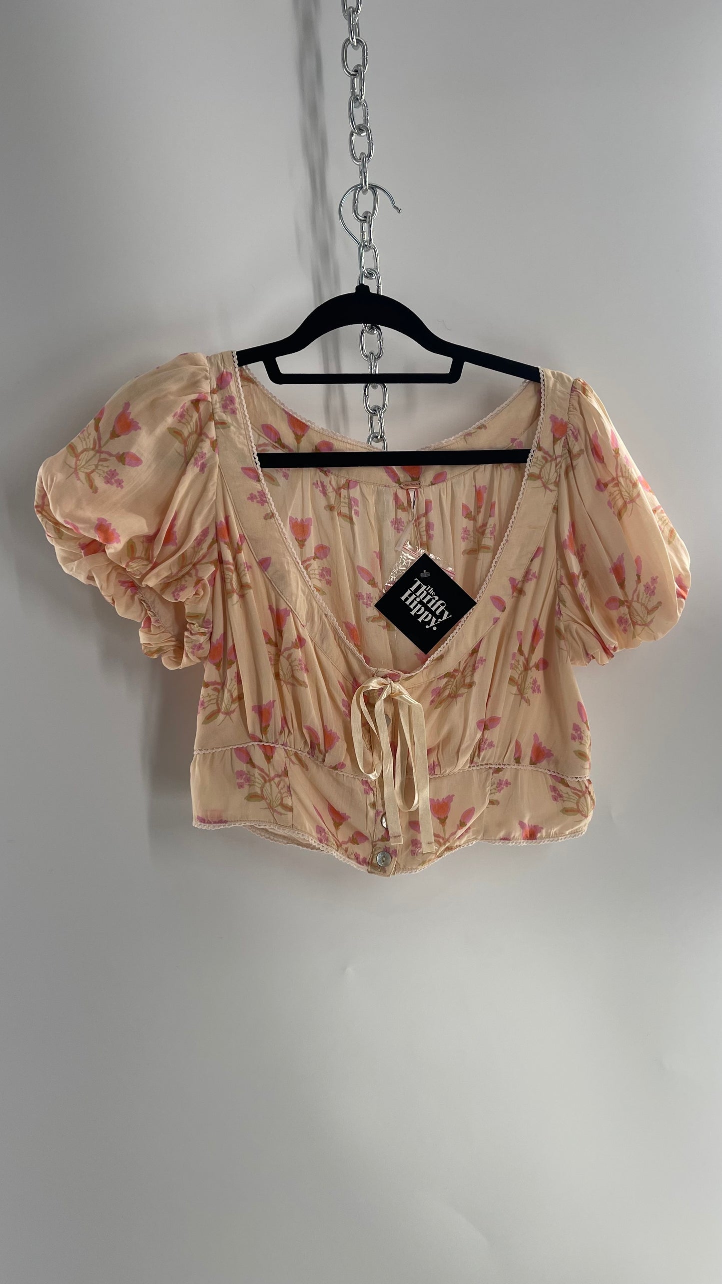 Free People Baby Pink Bustier Cropped Short Sleeve Top with Milkmaid Bustline, Floral Pattern and Ribbon Bow Detail (Large)