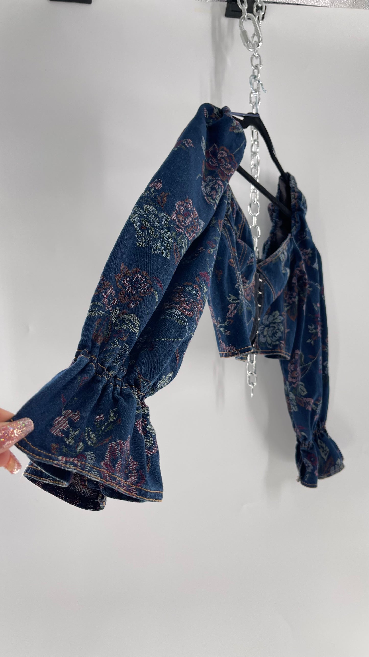 Urban Outfitters Denim Cropped Corset Grommet Balloon Sleeve Blouse (Large)