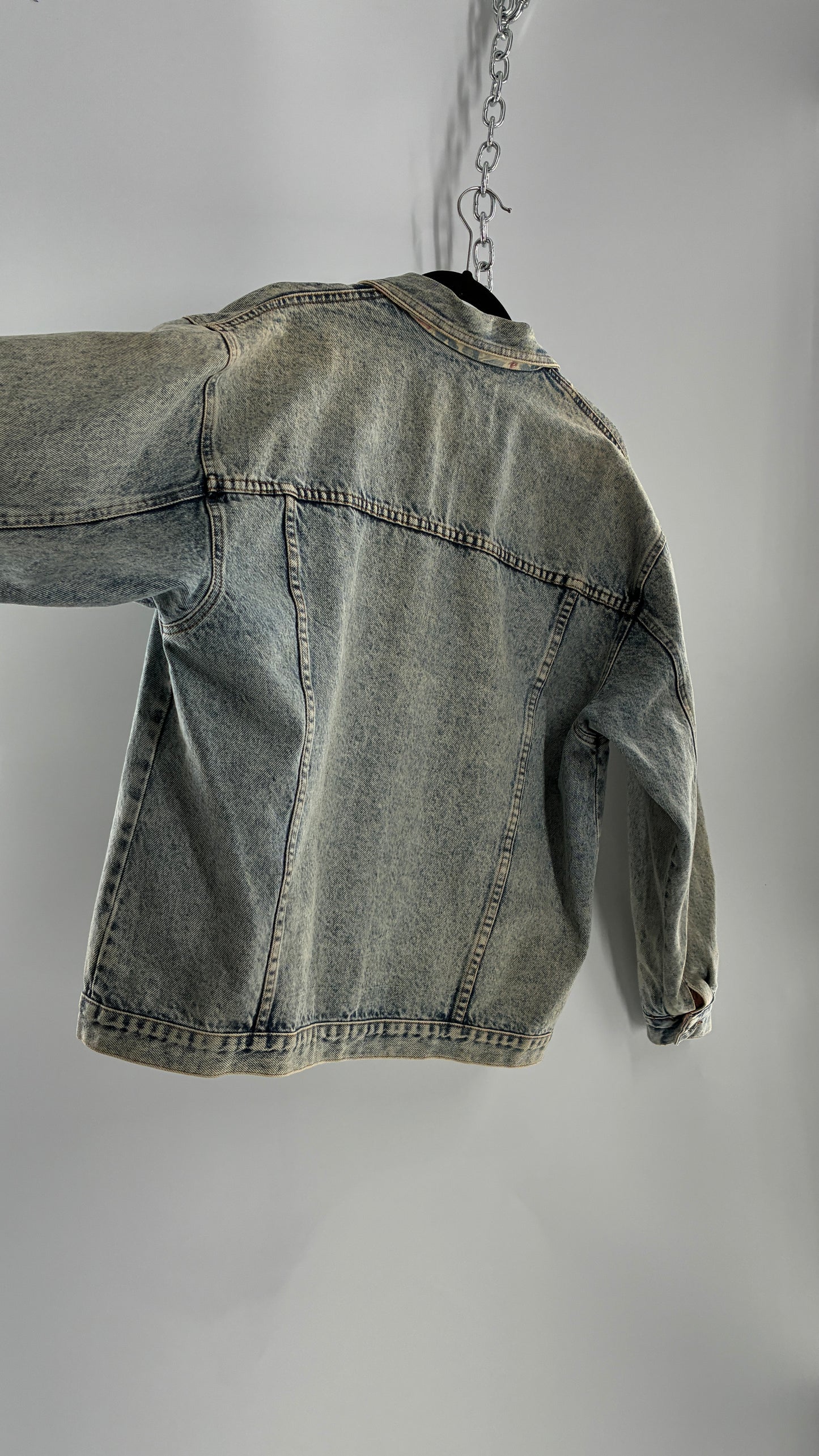 Vintage American Pacific Acid Wash Denim Jacket with Floral Patterned Cuffs (Large)