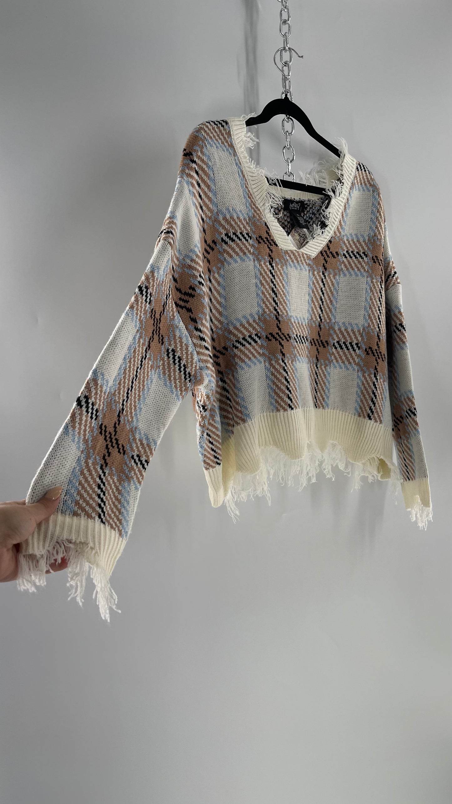 Fashion Nova Plaid Powder Blue/Tan Distressed Sweater