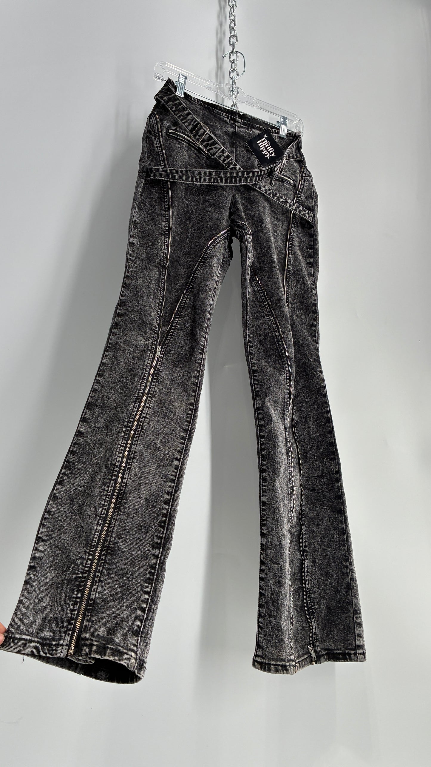 Fashion Nova Grey Acid Washed Kickflare Jeans with Hip Buckle Belts and Functional Zip Up Leg Detail (3)