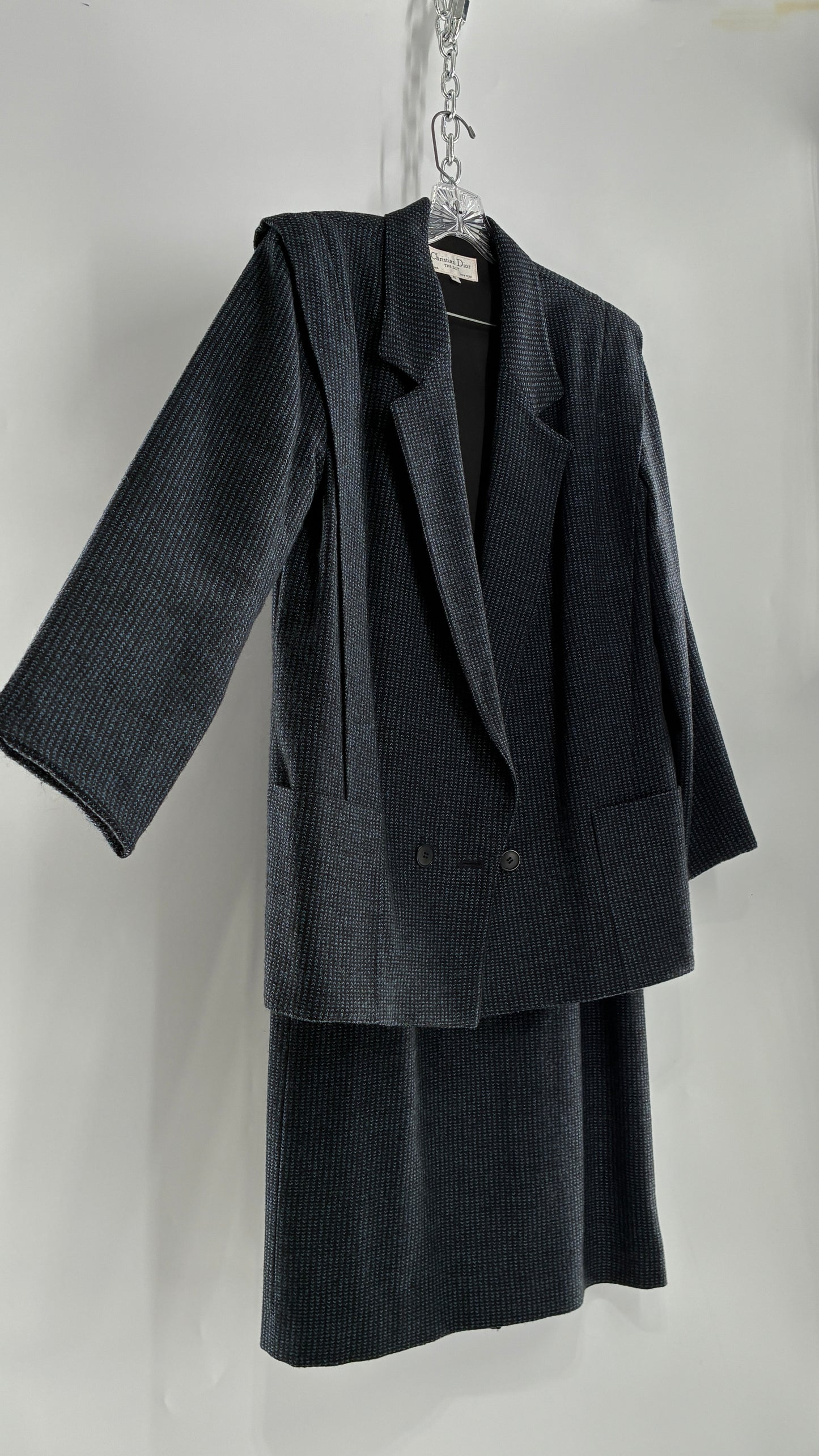 Vintage CHRISTIAN DIOR Navy Woven Maxi Skirt and Oversized Lapel Style Blazer with Padded Shoulders (8)