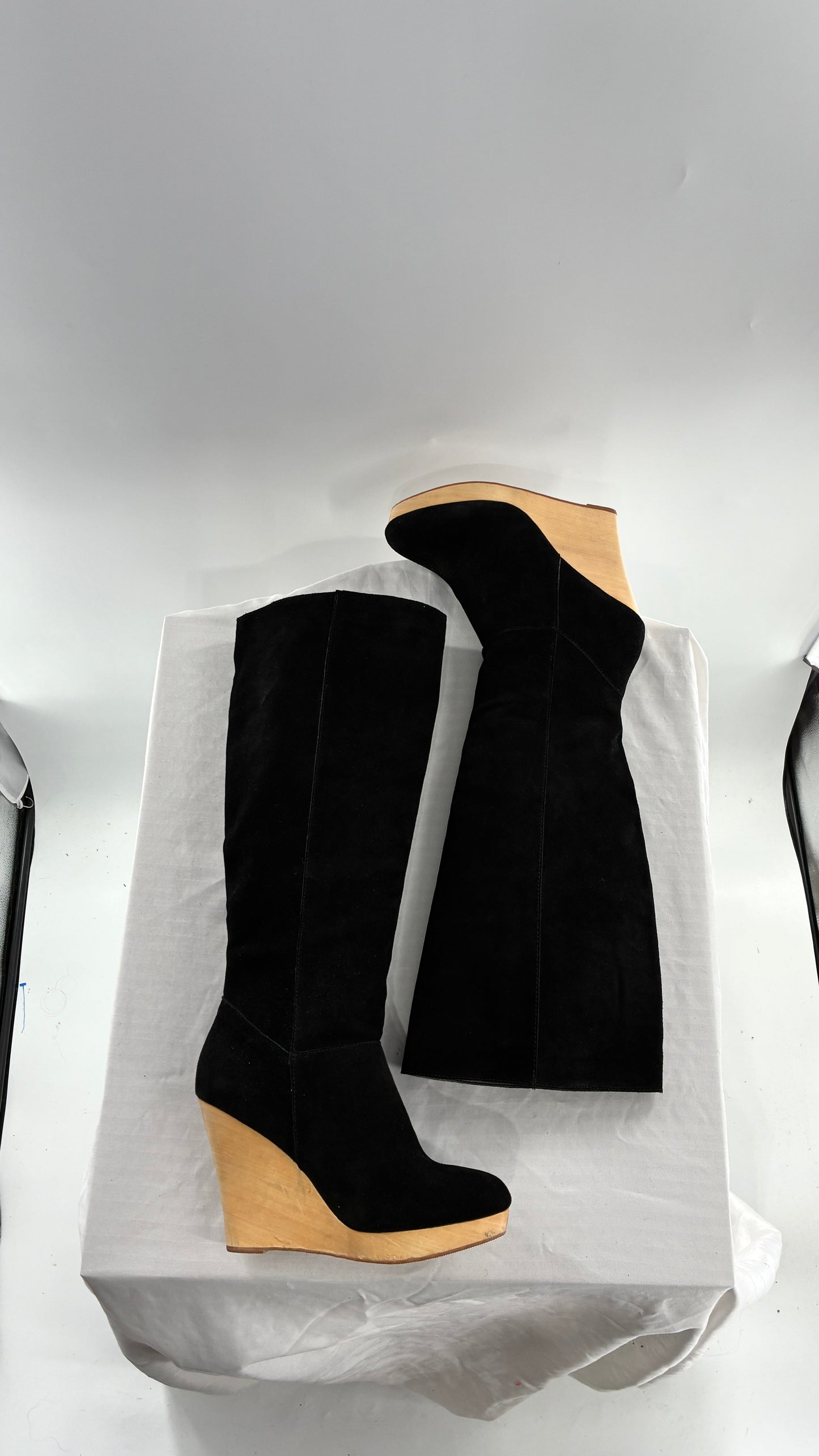 Vintage Black Genuine Suede Leather Knee High Boots with Skinny Wooden Wedge Heel (9)