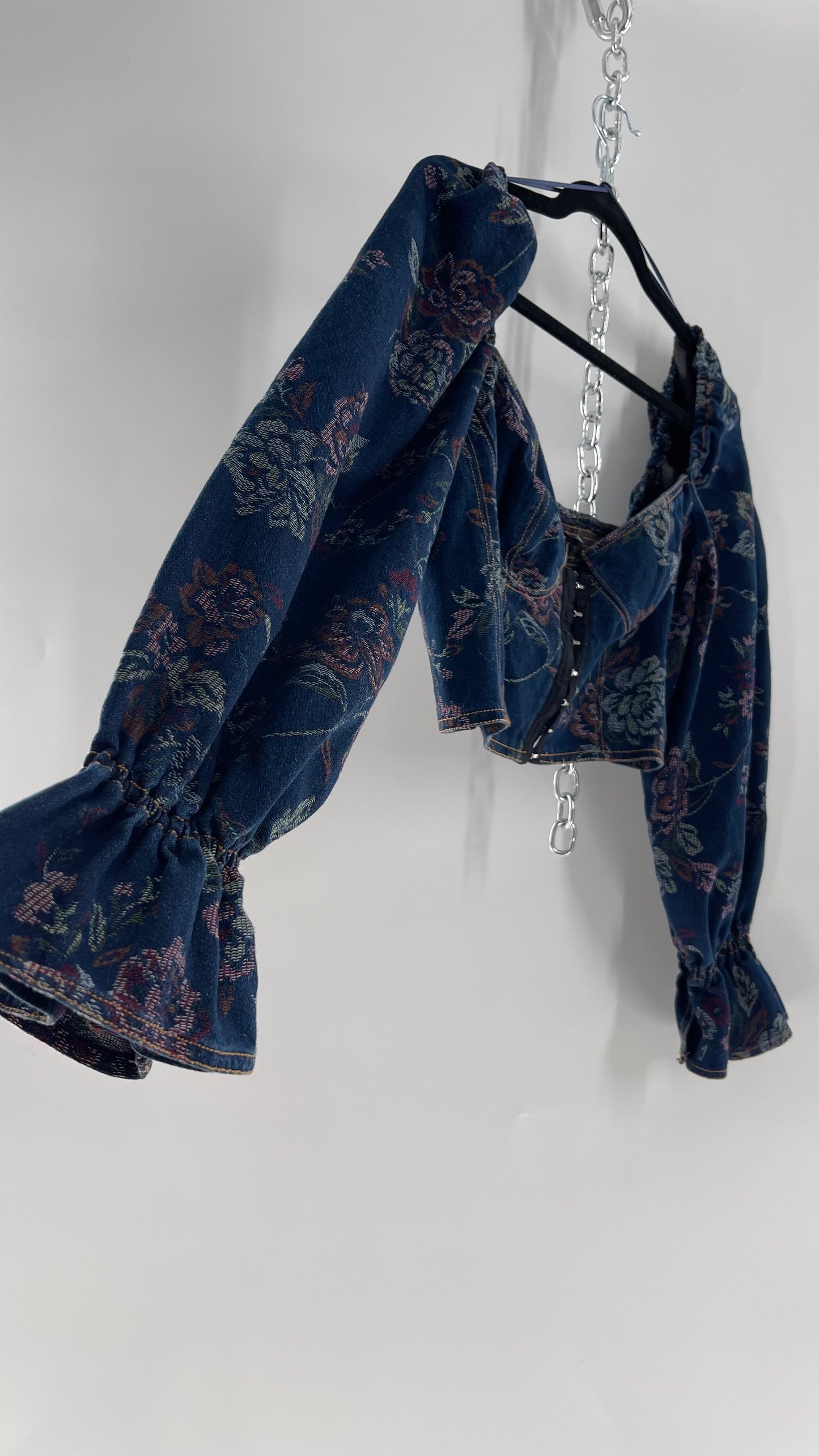 Urban Outfitters Denim Cropped Corset Grommet Balloon Sleeve Blouse (Large)