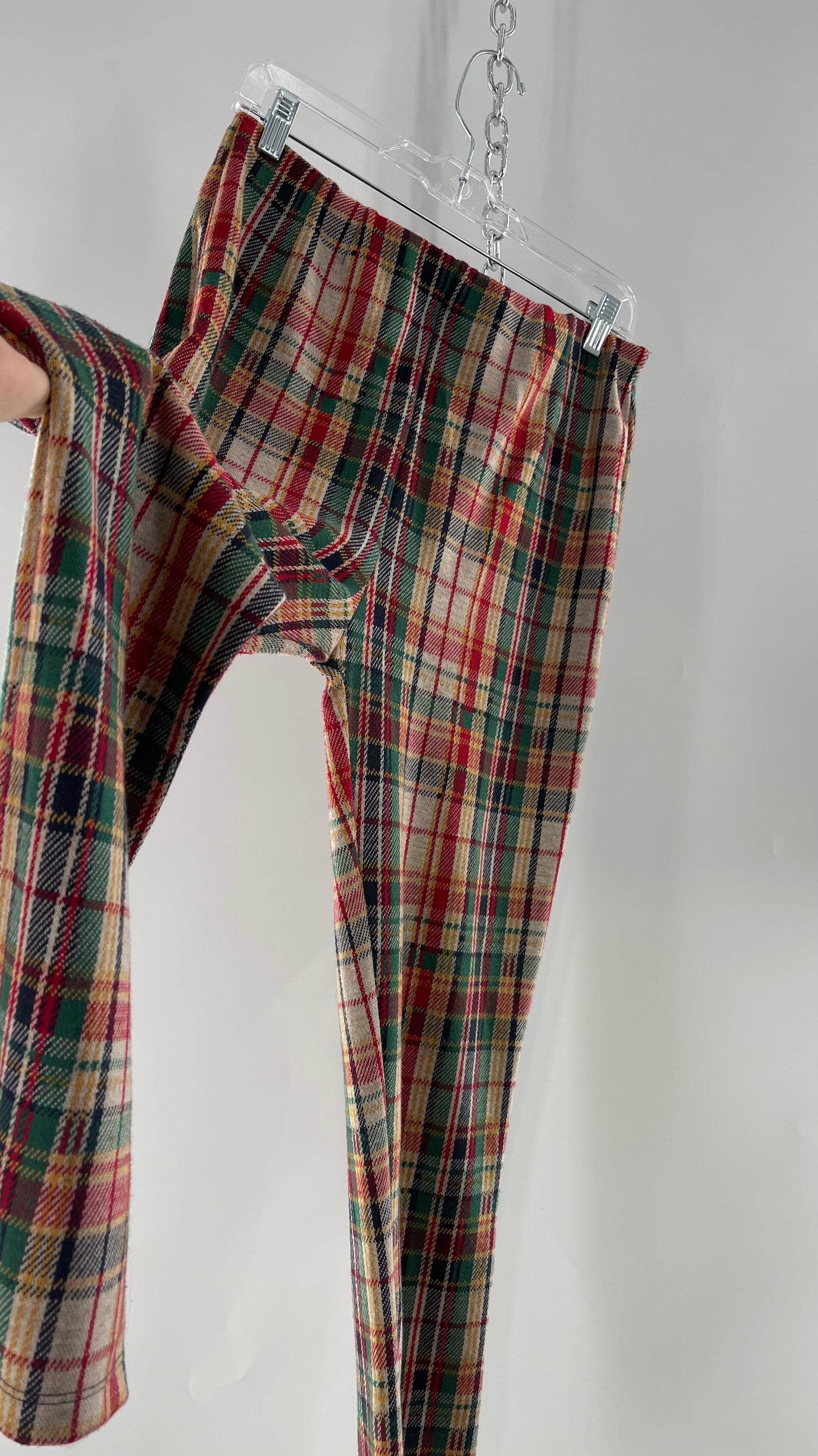 Free People Red\Green Plaid Knit Straight Leg Pants with Elastic Waist ( L)