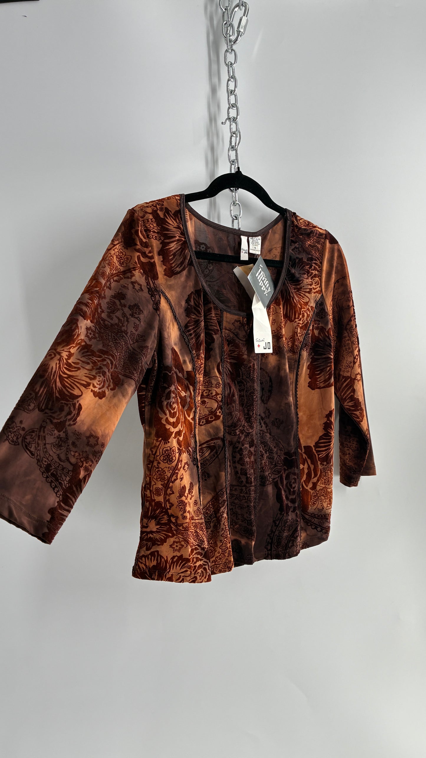 1990s Vintage SAMI + JO Velvet Burnout Brown and Orange Top (XL)