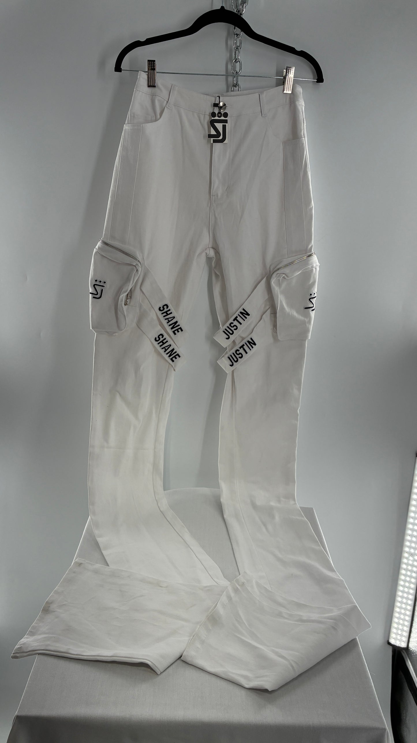 Designer SHANE JUSTIN White Stacked Extendo Cargo Pants with Embroidered Logo Pants and Tags Attached (Small)