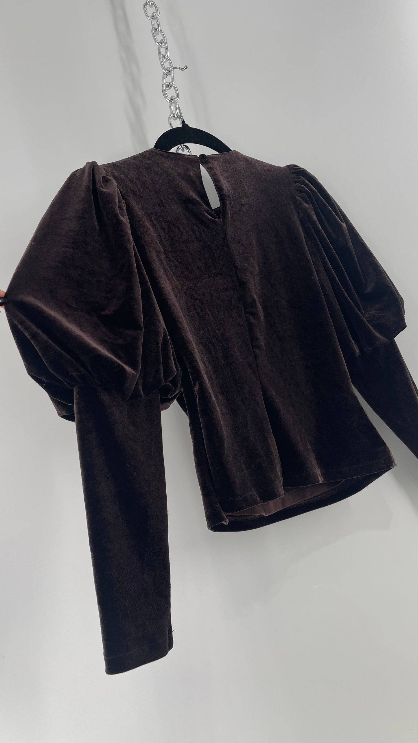Anthropologie Sundays in Brooklyn Dark Brown Puff Shoulder, High Neck, Juliette Sleeve Blouse (XXSP)