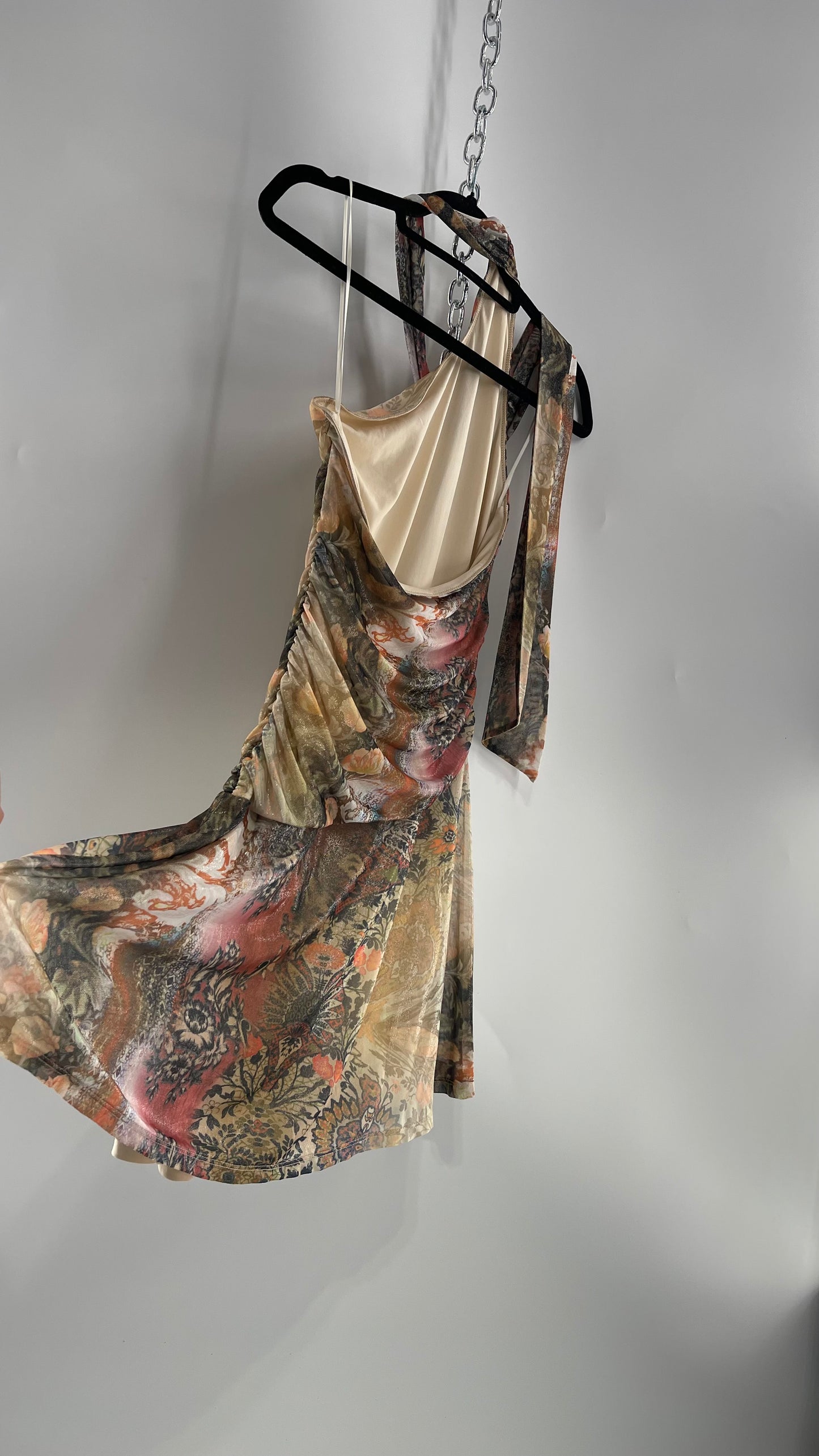 Urban Outfitters All Over 90s Tattoo Graphic Neck Tie Mini Dress with Asymmetric Hem (Medium)