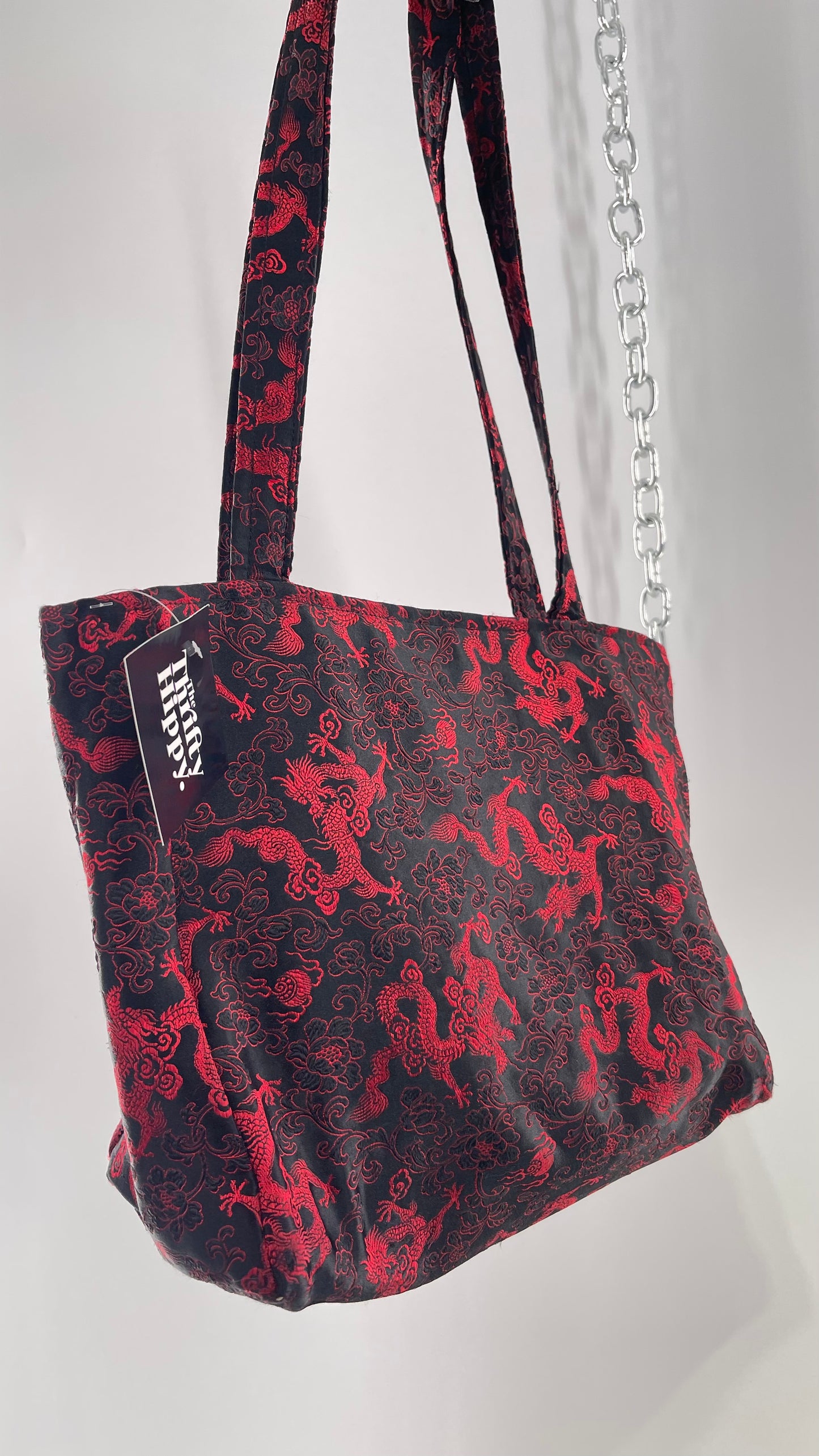 Vintage Black Satin/Silky Tote with Red Dragon/Floral Embroidery